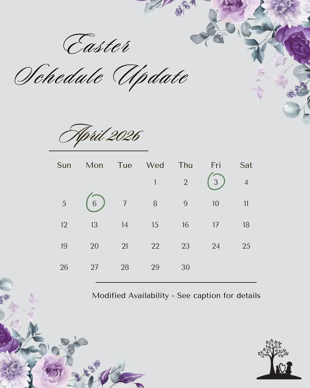 🌷 Easter Weekend Appointment Availability Update 🐾

Over the Easter long-weekend, our phone line will be turned off so that our team can spend some quality time with their families.

Dr. Erica will be offering a limited number of pre-scheduled peac