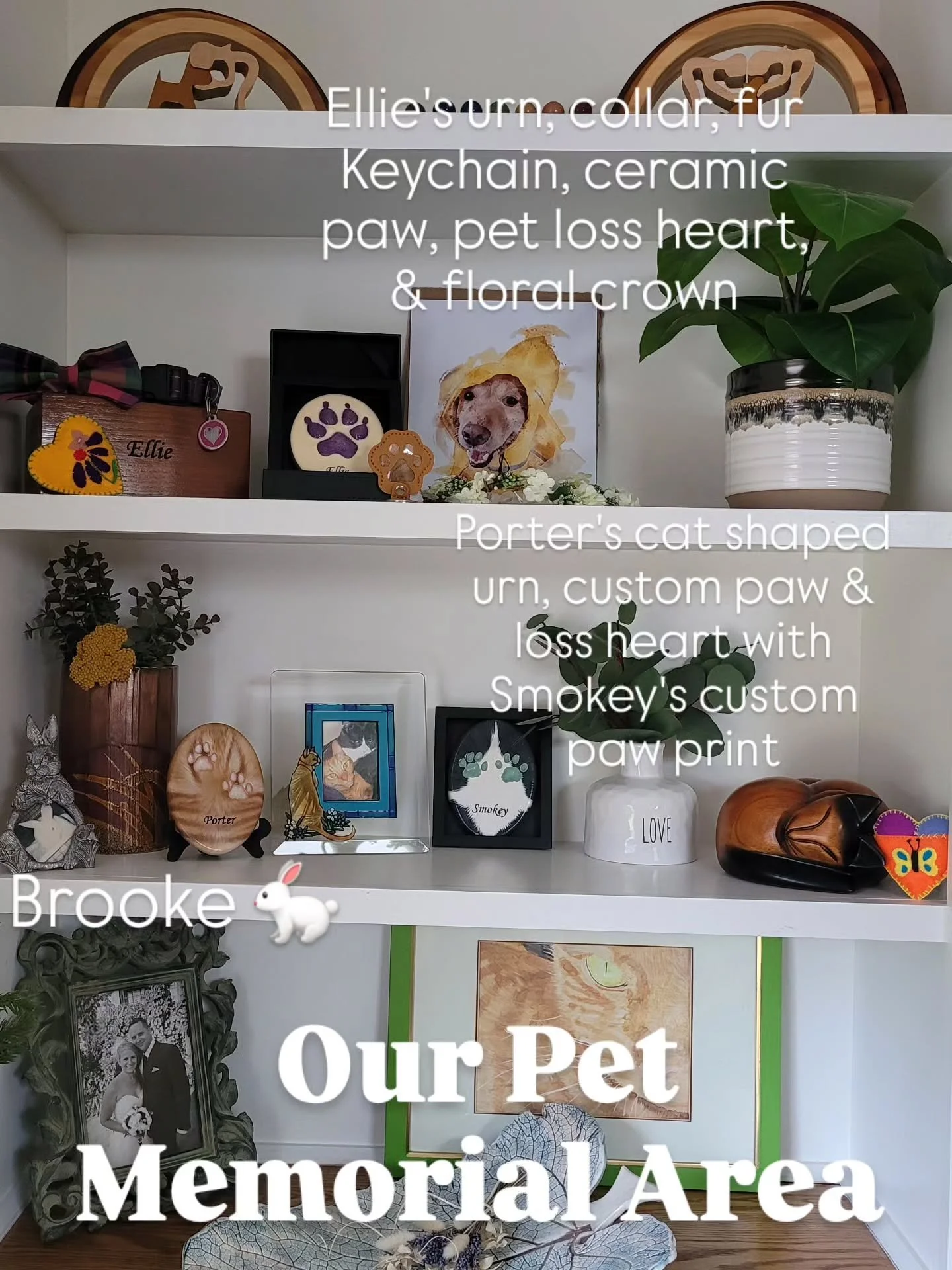 Dr. Erica's Pet Memorial Area 💜🐾❤️

🐾 I just dusted off the shelves, rearranged some of our keepsakes, added our gifted picture of Ellie in her cute raincoat (still to be framed, thank you @laurafast84 🥰🫂)

🐾 I also added Smokey's custom fur ma
