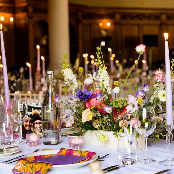 Brightly coloured wedding table flowers