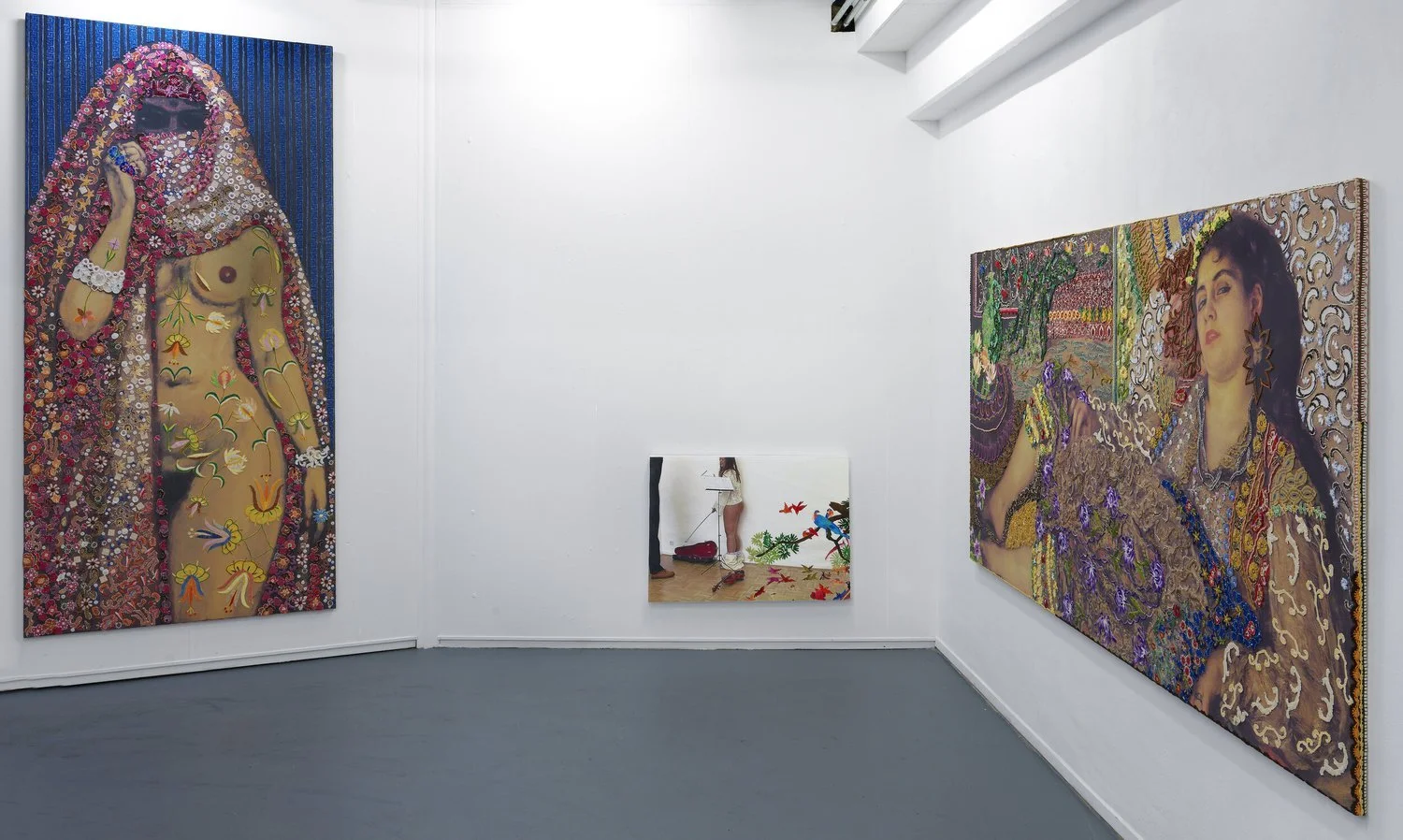  Left: No 8. Van Dongen, 2008, printed denim, decorated with embroidery, 260 × 130 cm  Middle:  Right: No. 4 Renoir, printed denim, decorated with embroidery, 130 × 262 cm   
