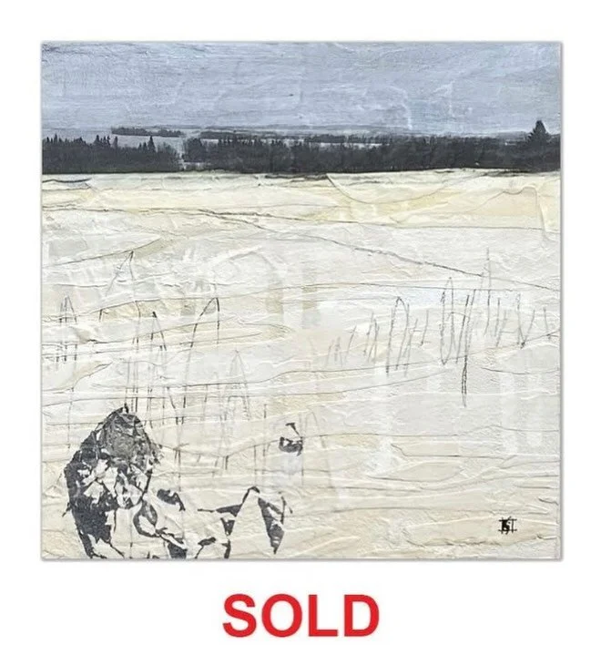 Affordable art for this year&rsquo;s gift giving. This lovely small painting &ldquo;Still, Quiet, Cold&rdquo; (8&rdquo; X 8&rdquo;, acrylic, graphite, photo transfer and collage on panel) was one of the first to sell at @harcourt_house&rsquo;s annual