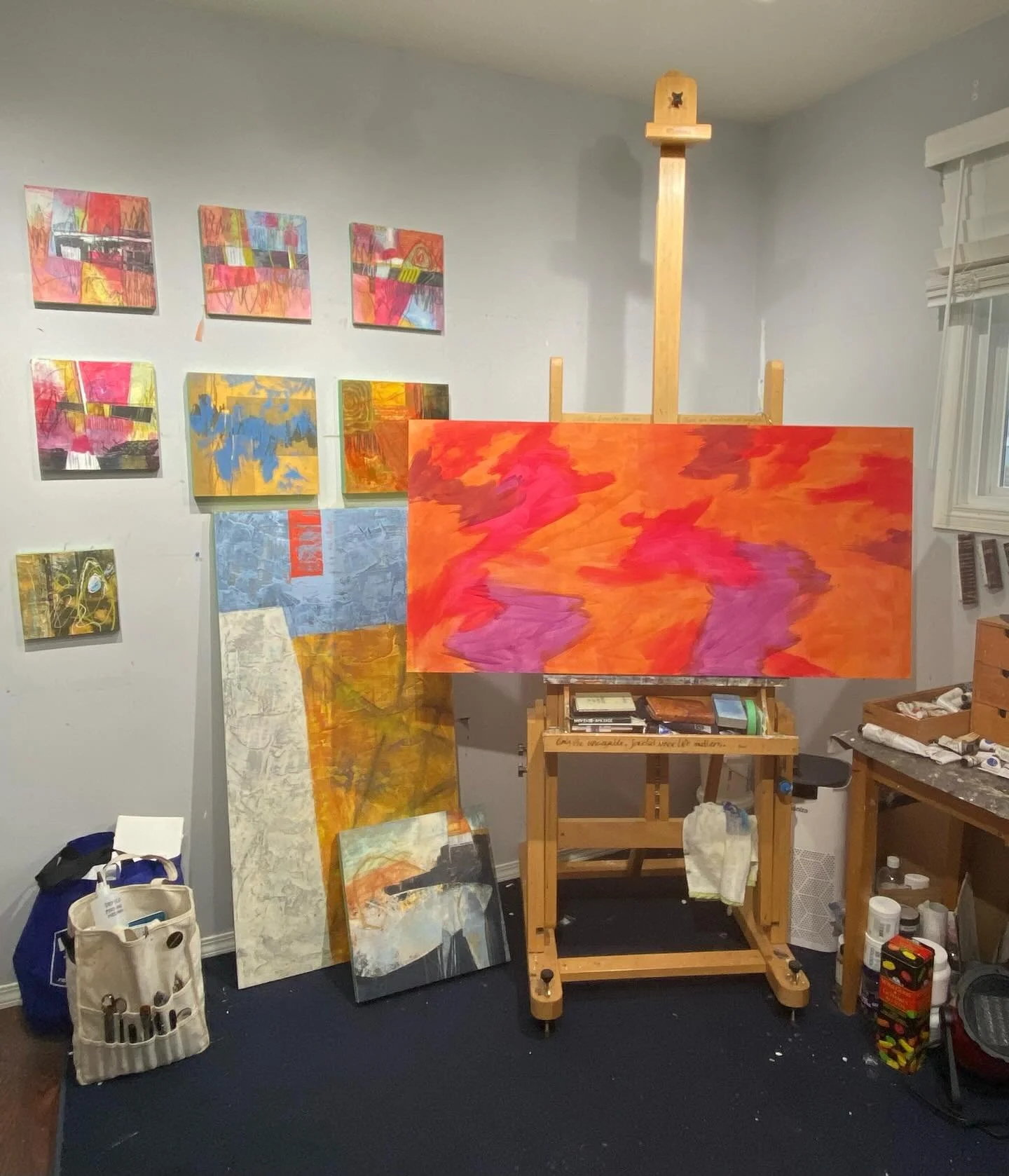 Feels good to be back in the studio working. All these bright colours are underpainting that will be almost completely covered up, but when I incise lines through later layers, you&rsquo;ll see threads of these colours emerge. 

#lorisokolukart #arti