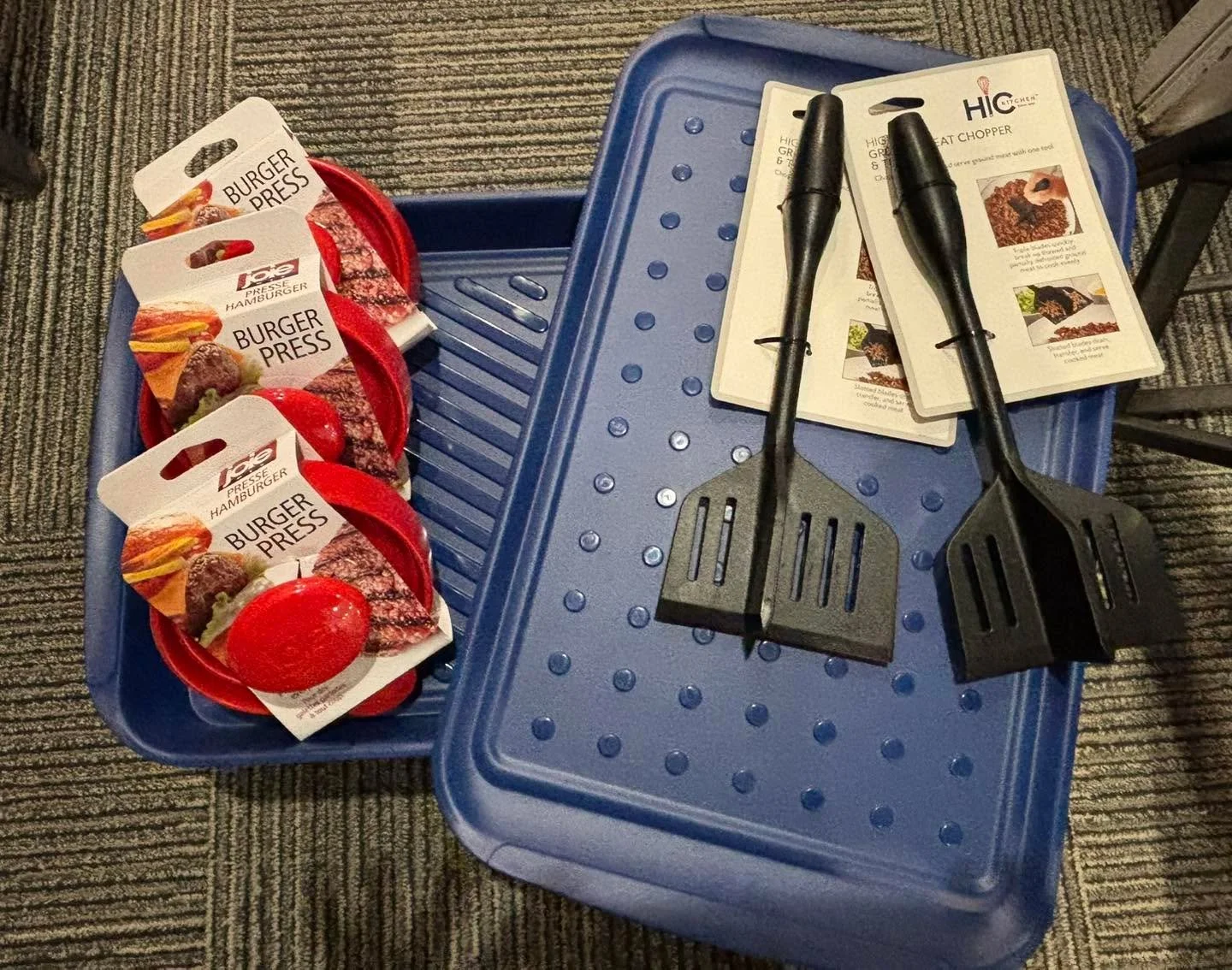 New items for the grill masters! 
Burger presses, chopper and tray with removable lid.  Bottom is for the meat off the grill-top is for all the extras.. lettuce, tomatoes, onions and pickles!