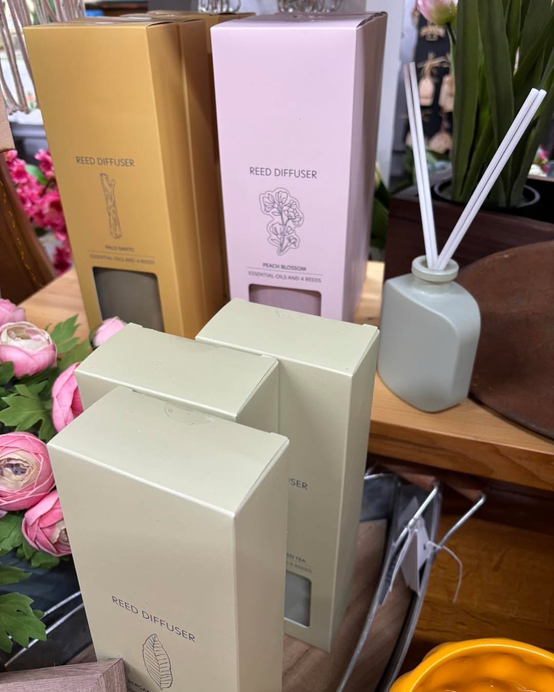 Another new item for Spring! 
Reed Diffusers/Essential Oils. 
They smell sooo good! These are in the Personalization and Garden Area!  Stop in and check them out!  Blossoming Creations downtown Emmetsburg ❤️