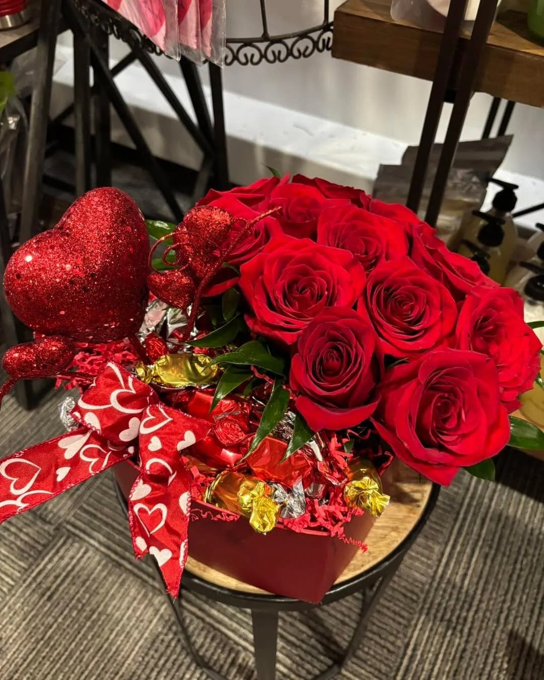 Working on Valentine&rsquo;s Day today! Small, medium, large and xlarge heart container-filled with roses and chocolates we will call this one&hellip;&rdquo;Be Mine&rdquo;