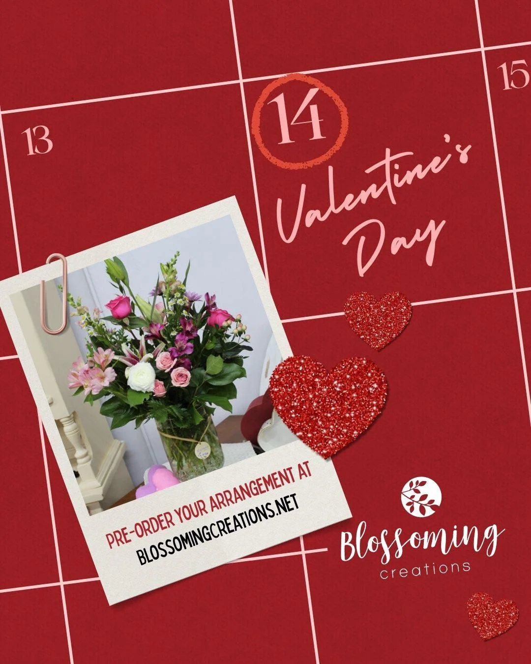 💘 Valentine&rsquo;s Day pre-orders are LIVE
🌹 Fresh florals
🍫 Sweet extras
❤️ Made with love
Reserve yours early &mdash; they go fast!
Blossoming Creations downtown Emmetsburg.