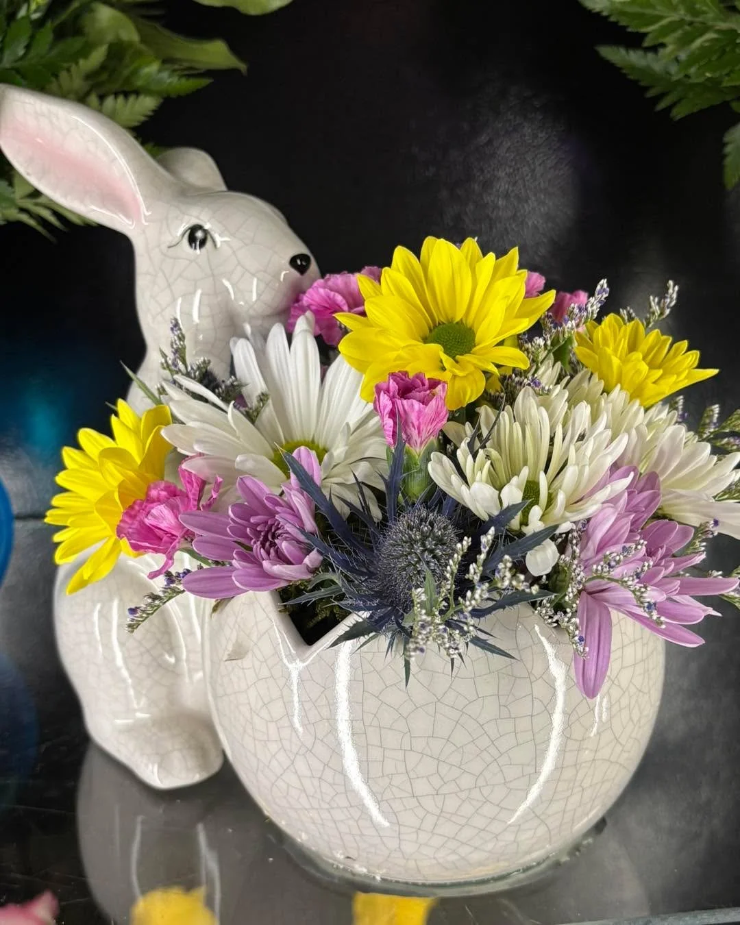 Bunnies in the floral case! 🐰Super cute containers and may be used as candy dishes too! 
Blossoming Creations downtown Emmetsburg!