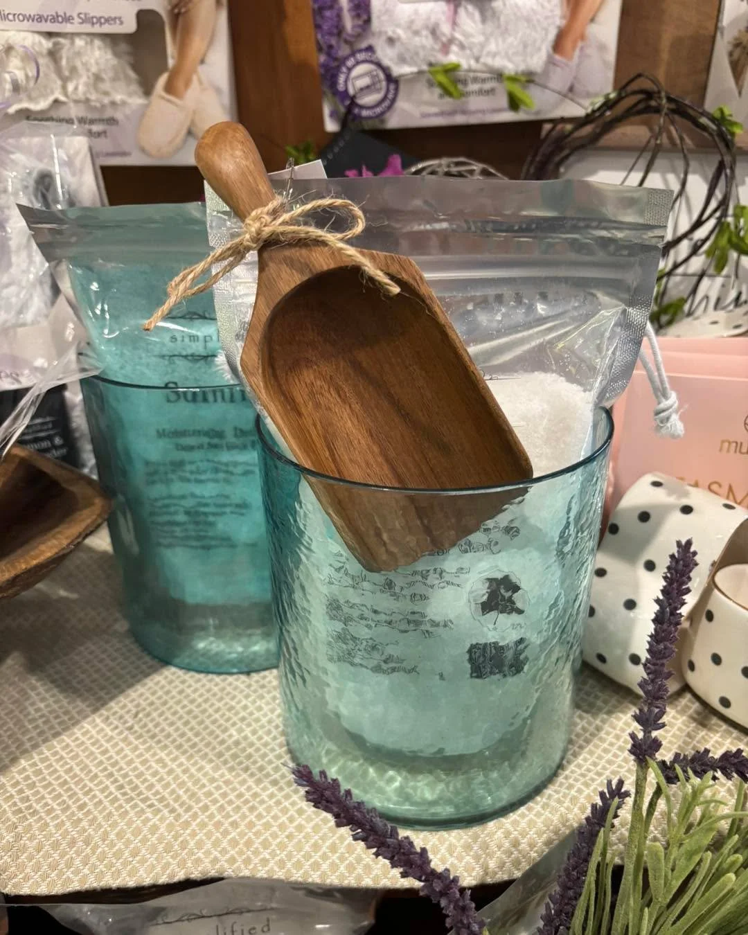 Love this gift for a personal touch!  Bath salts, glass container and fun little scoop! 
For the person who is always doing for others, the teacher who gives it her all, or a bachelorette party! 🎉