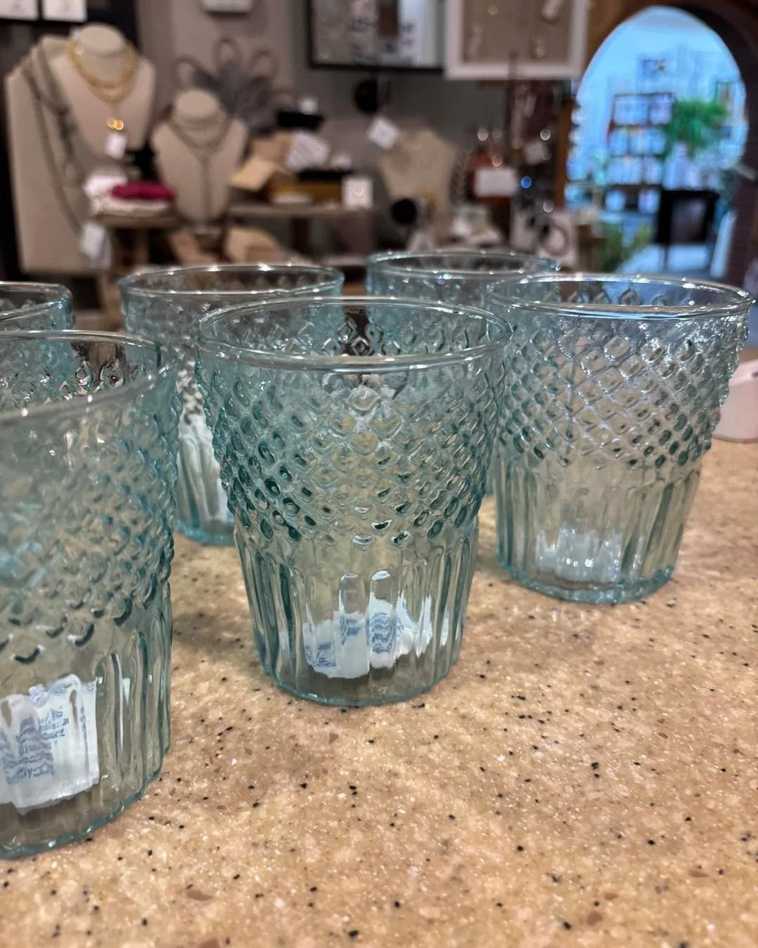 Cute little glasses just in!  Think outside the box, Qtips would be so cute in these!  A toothbrush holder on the counter, a small vase and yes of course so cute for all your summer drinks 🍹 
Stop in and see all the great glasses in the shop for sum