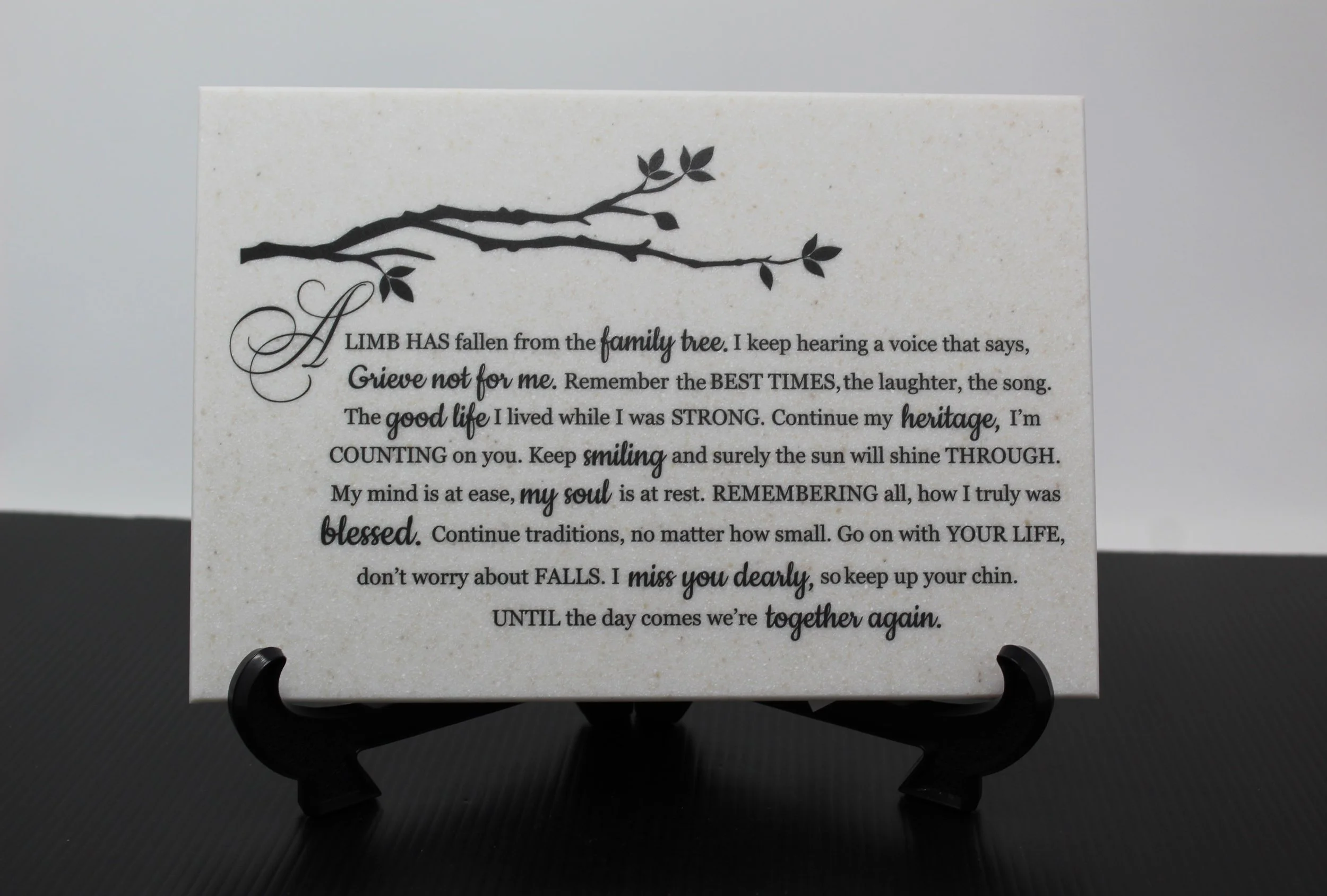 "A limb has fallen from the family tree..." 8 x 11 Sympathy Corian Tile