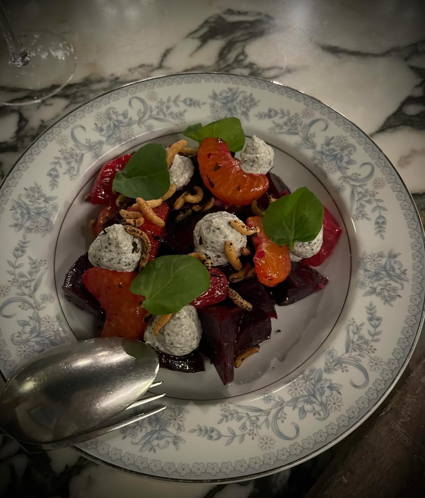 Beet, mandarin and blood orange salad with black sesame ricotta. Really enjoying citrus season with the great produce from @rojasfamilyfarms