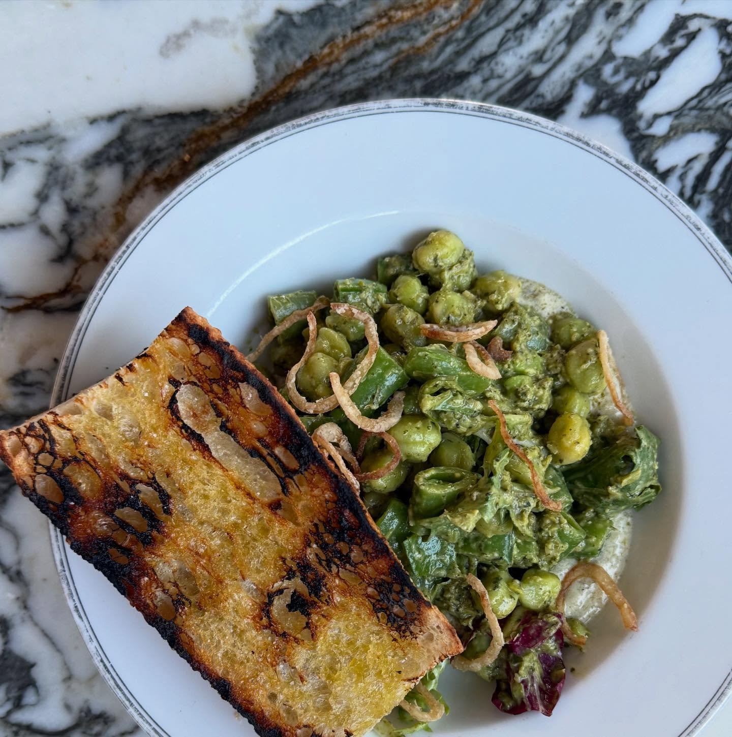 Fresh garbanzos and sugar snap peas lightly grilled with fava leaf pesto and green pepper yogurt.