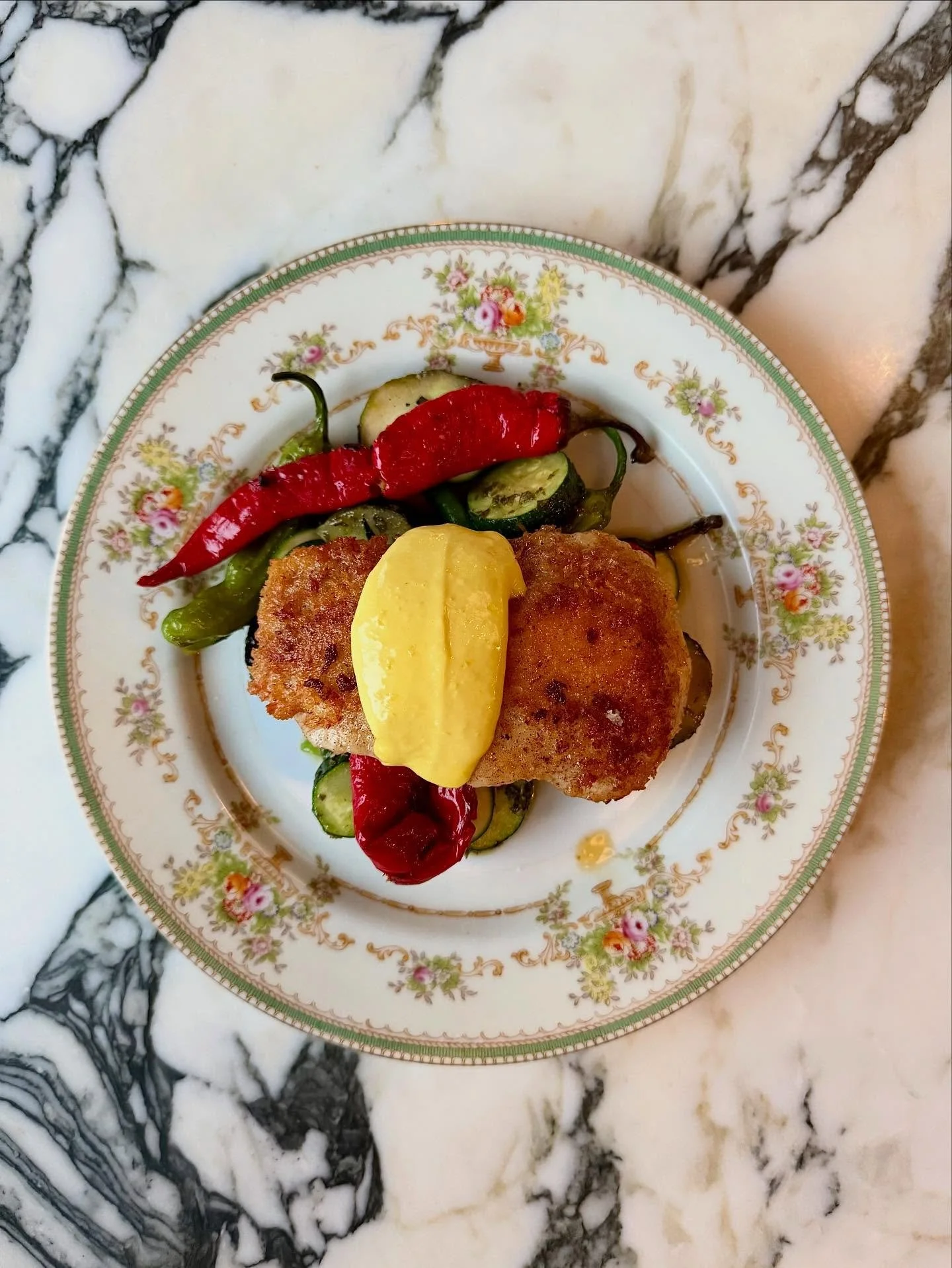 White sea bass, breaded and pan fried on one side. A warm salad of Nardellos, shishitos, zucchini, charred cucumber and pole beans dressed with mint salsa verde. Saffron aioli on top.
Just in time to quietly celebrate our 5 year anniversary last week