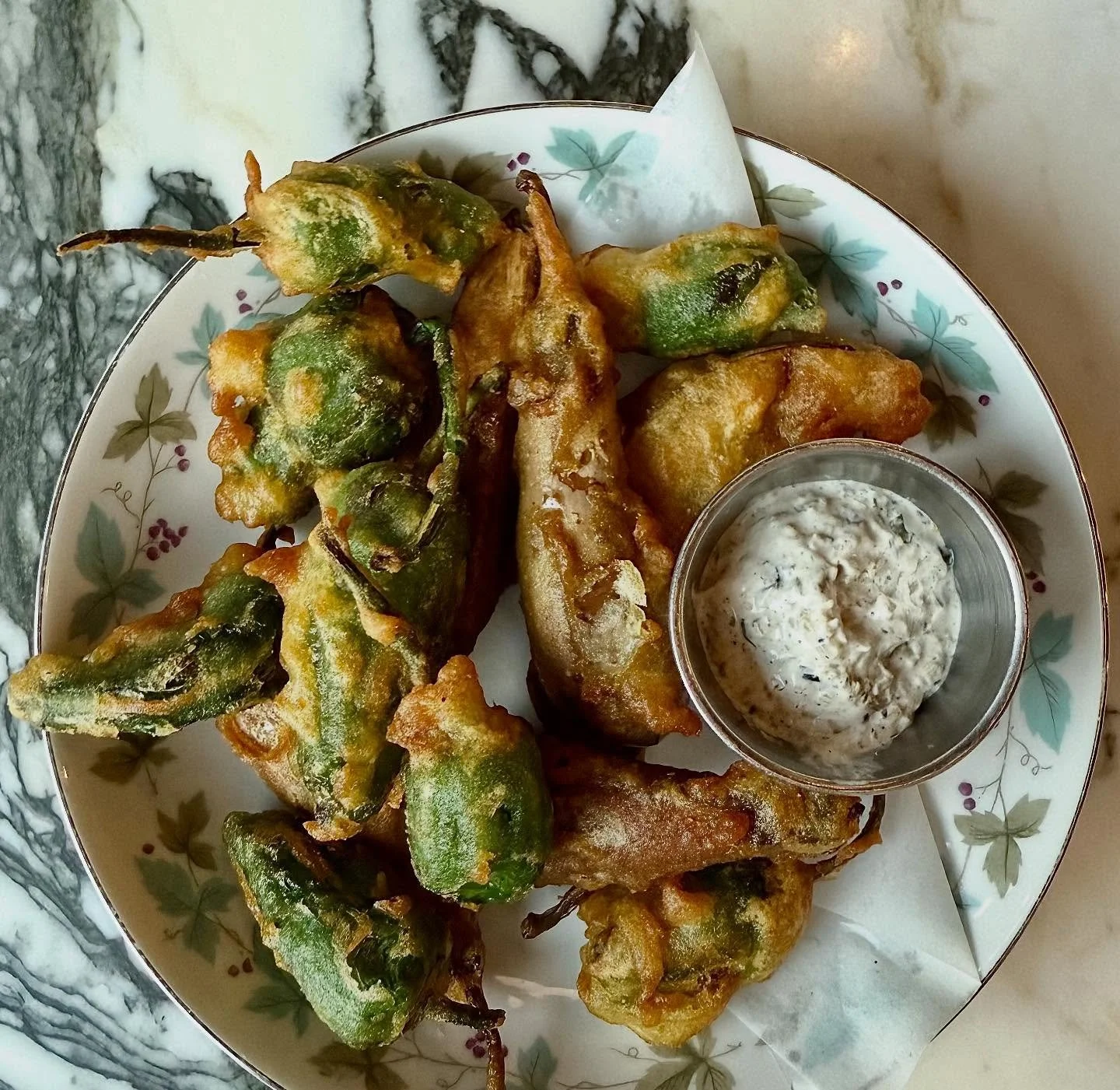 Padron peppers from Marty @allstarorganics and fairytale eggplant from @zuckermans_farm in tempura, charred shallot cream to dip.