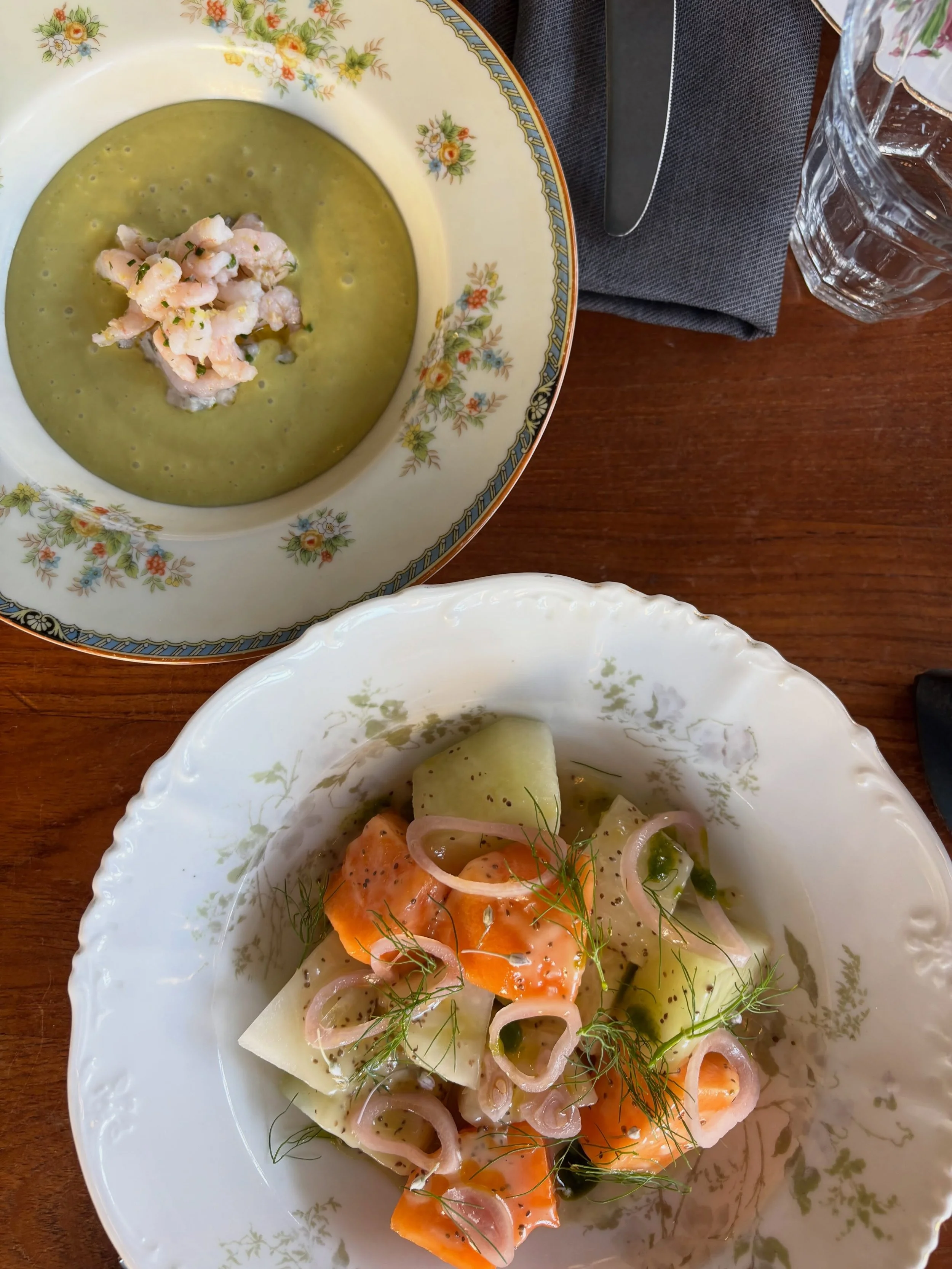 Ways to escape the heat: chilled @allstarorganics cucumber soup and beautiful @zuckermans_farm melon salad.