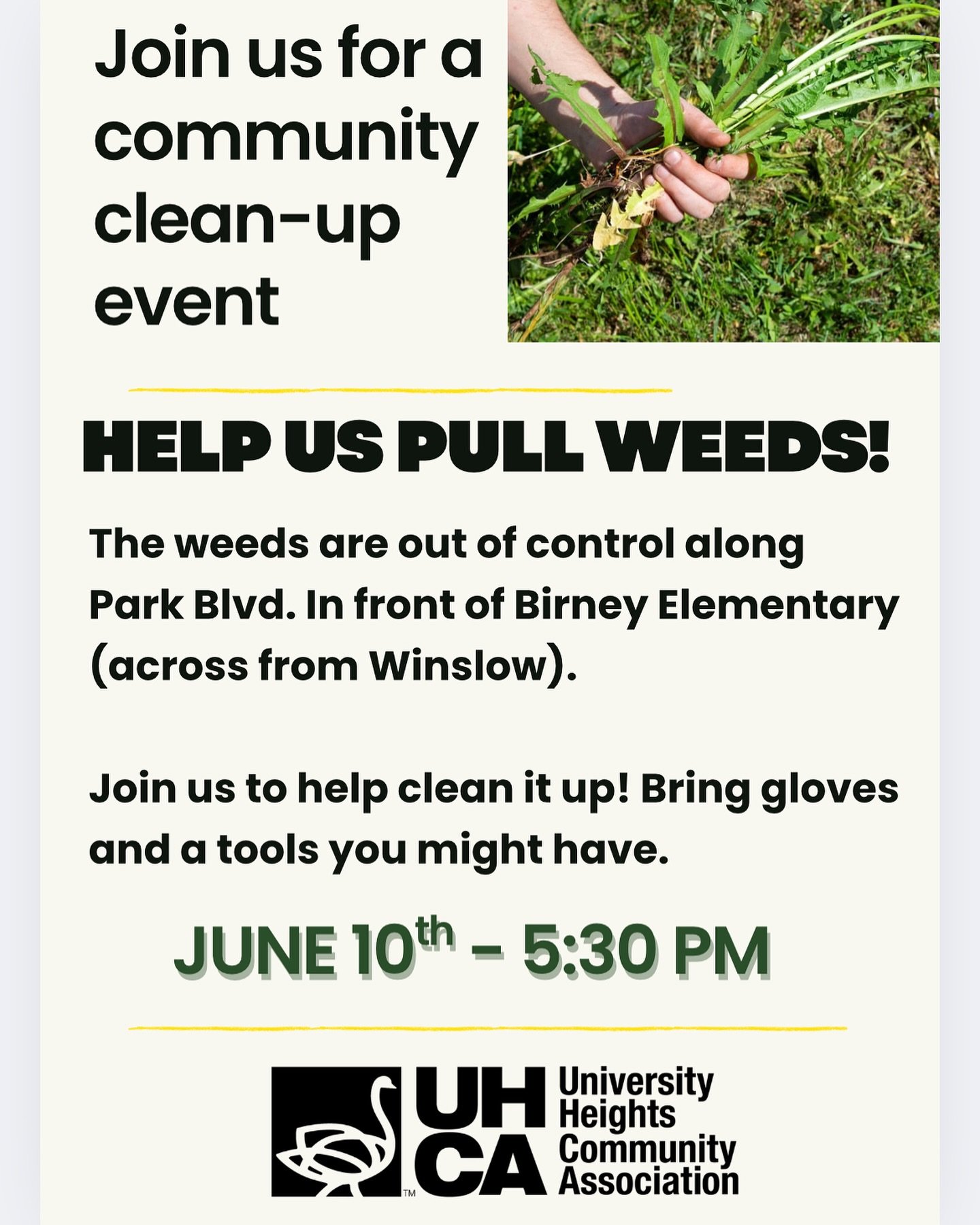 Join us on June 10 at 5:30 PM in front of Birney Elementary, across from the Winslow to do a little cleanup. The weeds are out of control so we&rsquo;re sending in the troops. Send us a message if you can join for an hour or so!