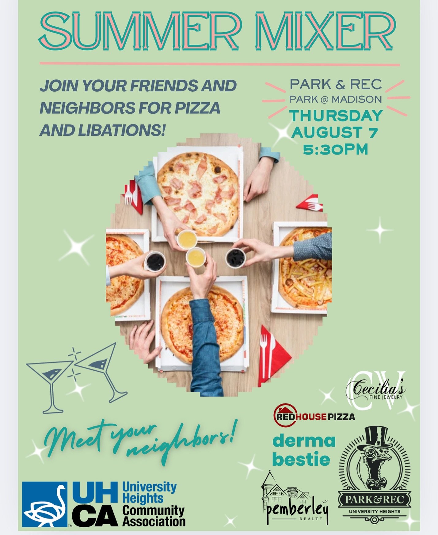 Mark your calendars for our summer mixer! Come out and meet your super cool neighbors. August 7 - 5:30 PM at @parkandrecsd! Enjoy drink specials and pizza from @redhousepizza courtesy of @dermabestie @pemberleyrealty,  @ceciliasfinejewelry and UHCA! 