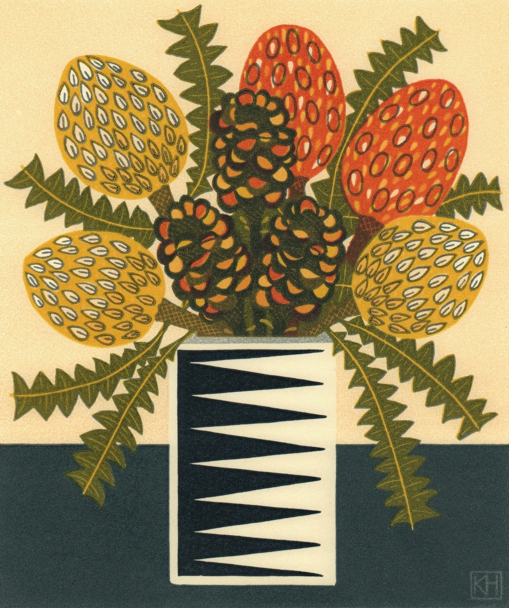 Framed print by Kate Hudson - Triangle Vase and Banksias