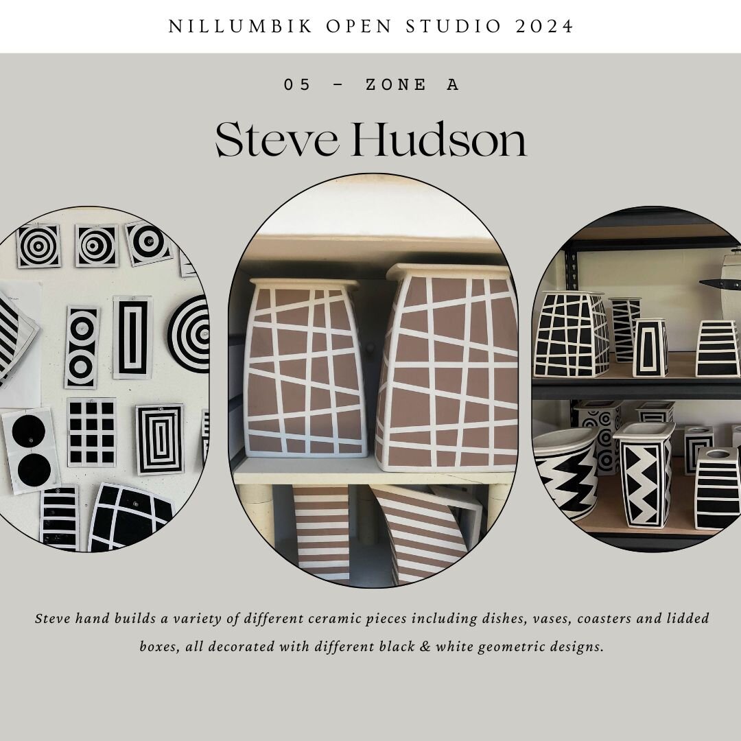 Steve Hudson - 05 Zone A

Steve trained in Ceramics at the Central School of Art &amp; Design in London. He hand builds a variety of different ceramic pieces including dishes, vases, coasters and lidded boxes, all decorated with different black &amp;