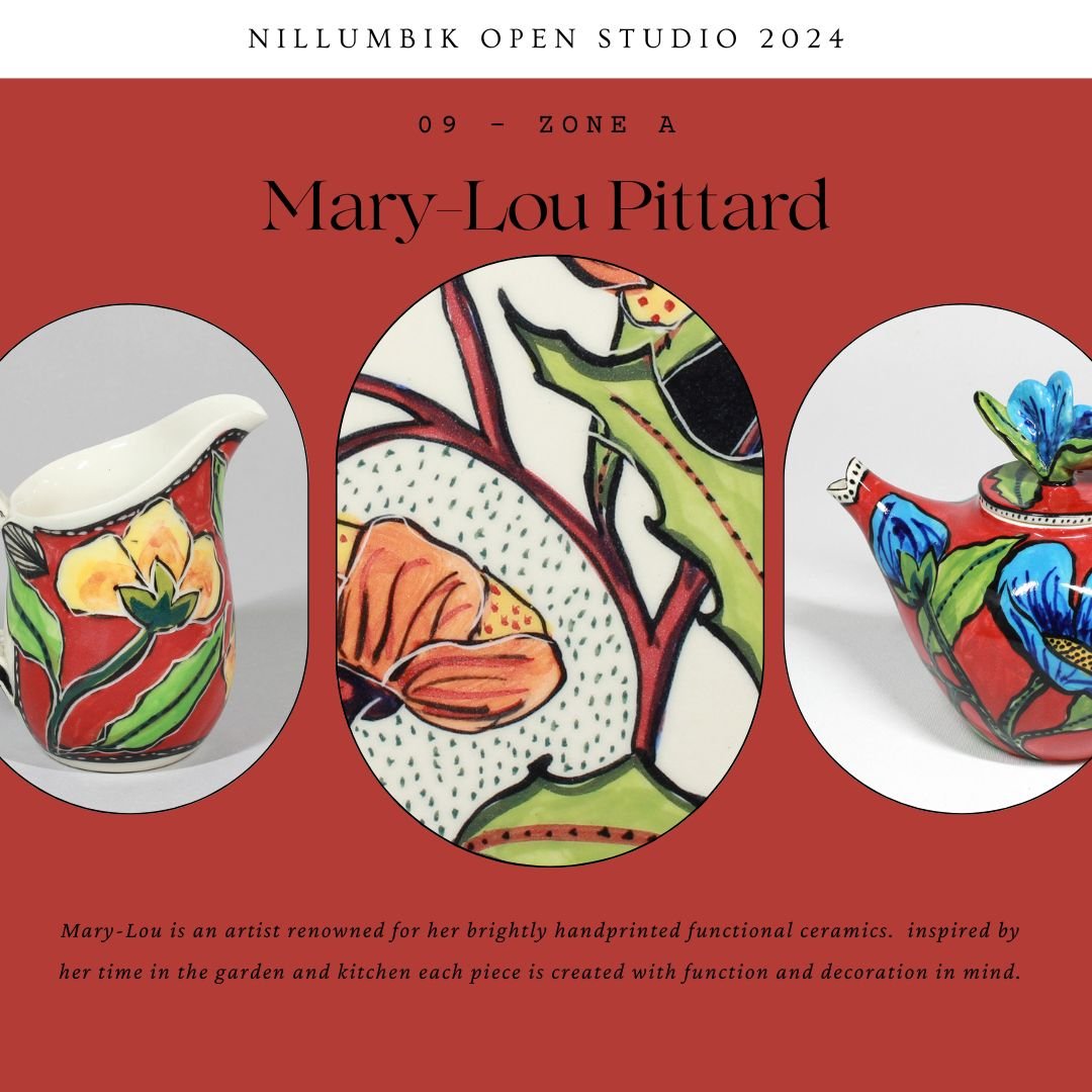 Mary-Lou Pittard - 09 Zone A @marylou_pittard 

Mary-lou is a professional potter working full time from her studio in Eltham. She is an artist renowned for her brightly handprinted functional ceramics. Her love of cooking and gardening are often ins