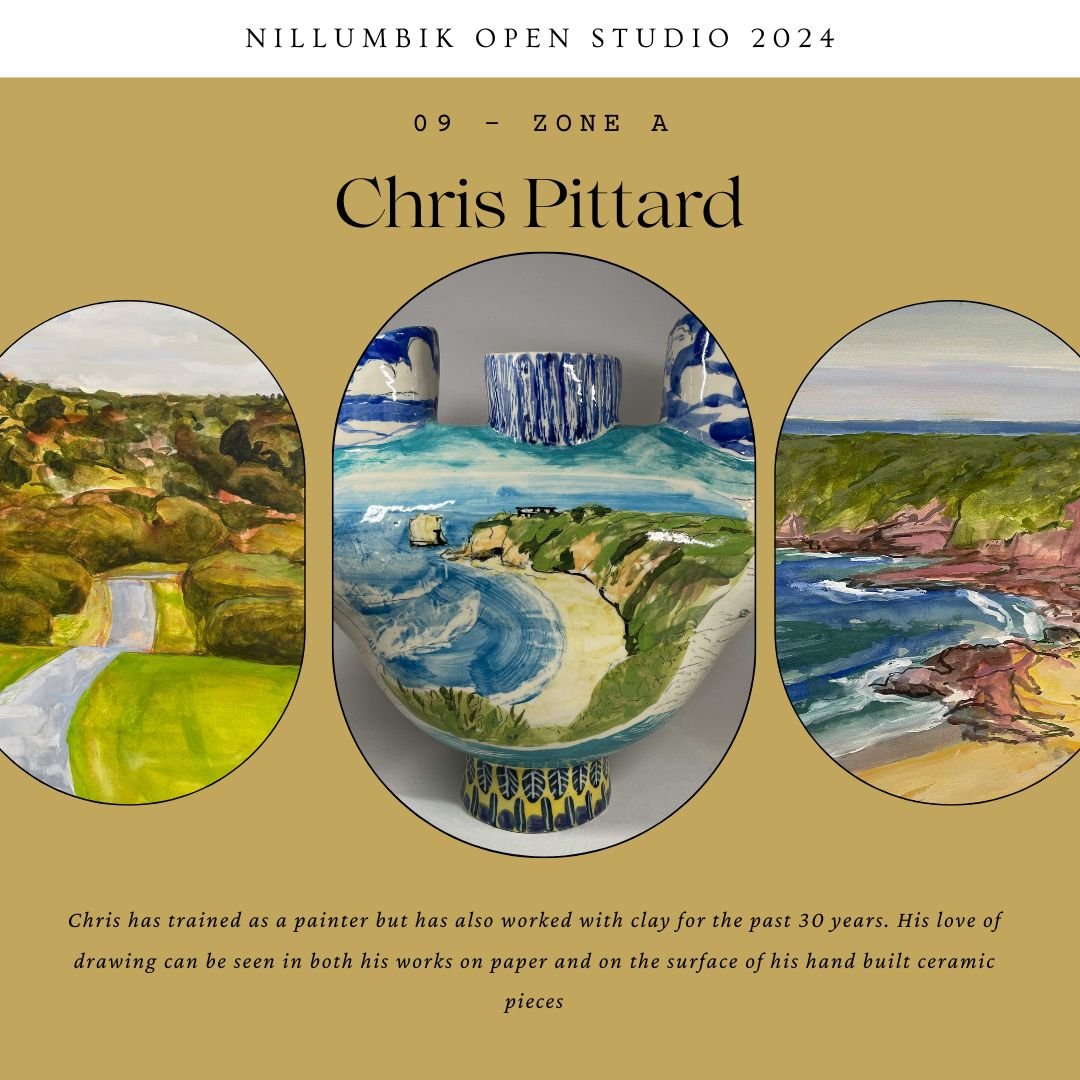 Chris Pittard - 09 Zone A  @chris.pittard 

Chris has trained as a painter but has also worked with clay for the past 35 years. His love of drawing can be seen in both his works on paper and on the surface of his hand built ceramic forms that include