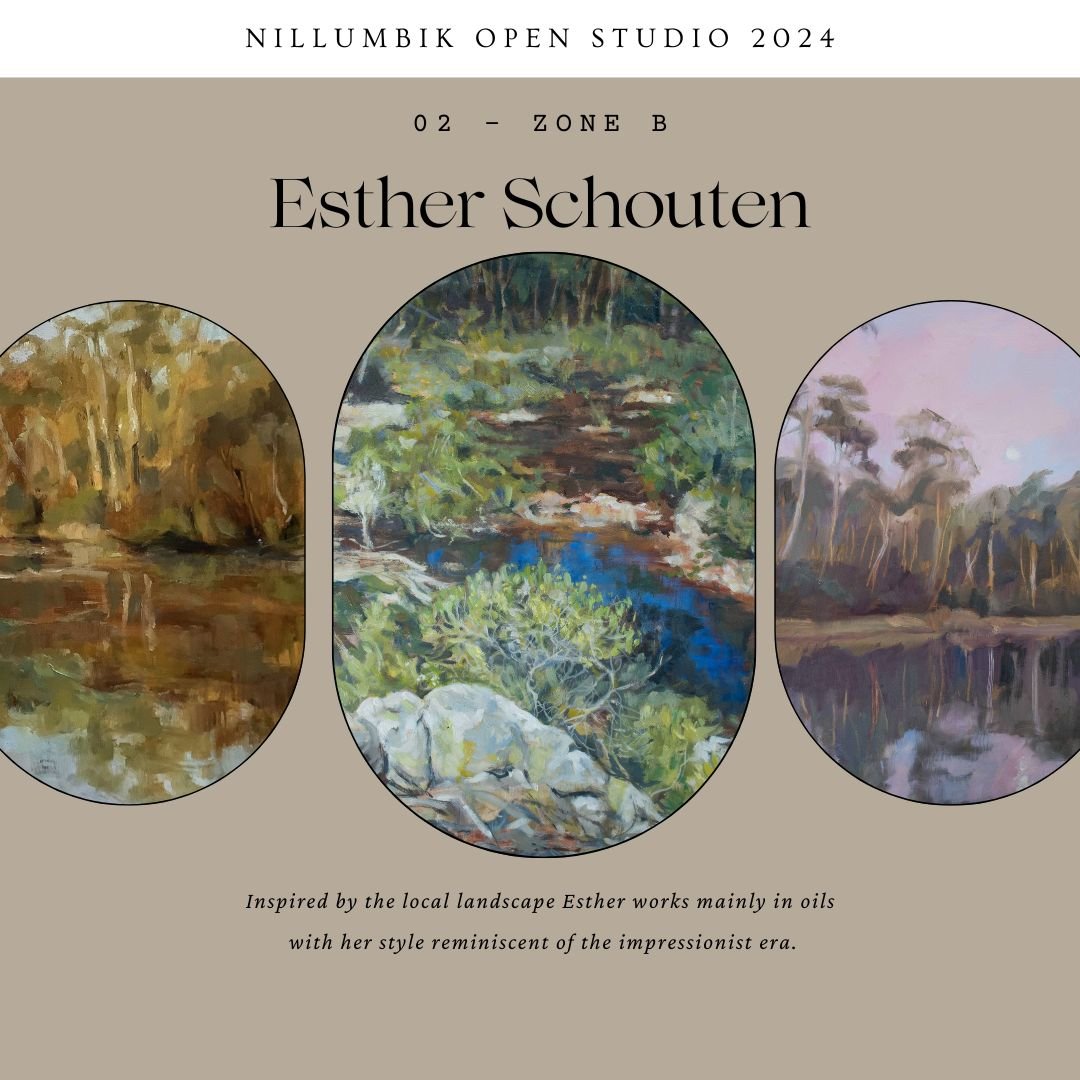 Esther Schouten - 02 Zone B @esther_schouten_artist Painting

Inspired by the local landscape and in particular the nearby Yarra River, Esther is mesmerised by reflections and the texture of water and awed by nature.  She uses water colour and oil pa