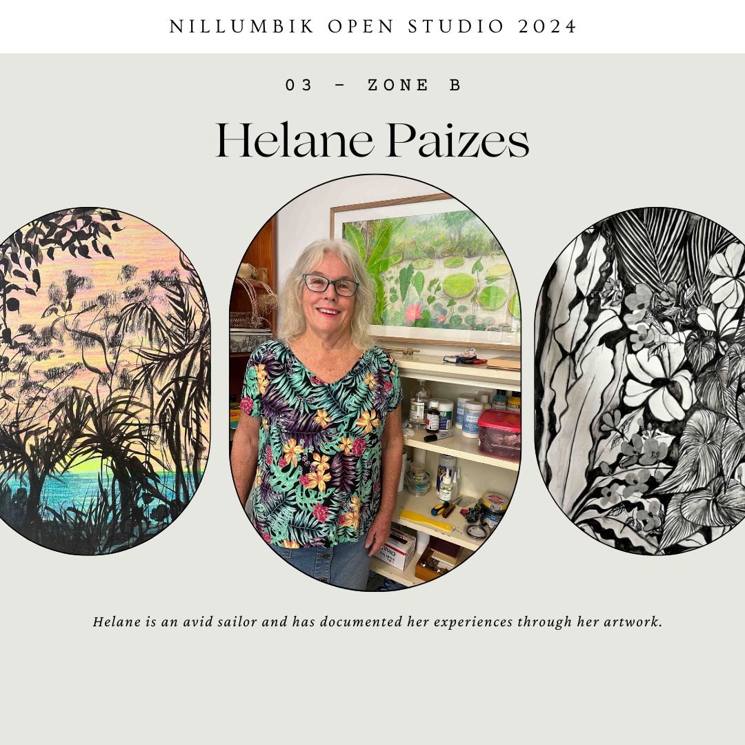 Helane Paizes - 03 Zone B  Pencil. Charcoal. Ink. Paint. 

Helane moved from ceramics and sculpture to drawing and painting, specialising in the natural world. 

Sh spend a lot of time on her yacht VELELLA (built on the 68 house/studio site). Velella