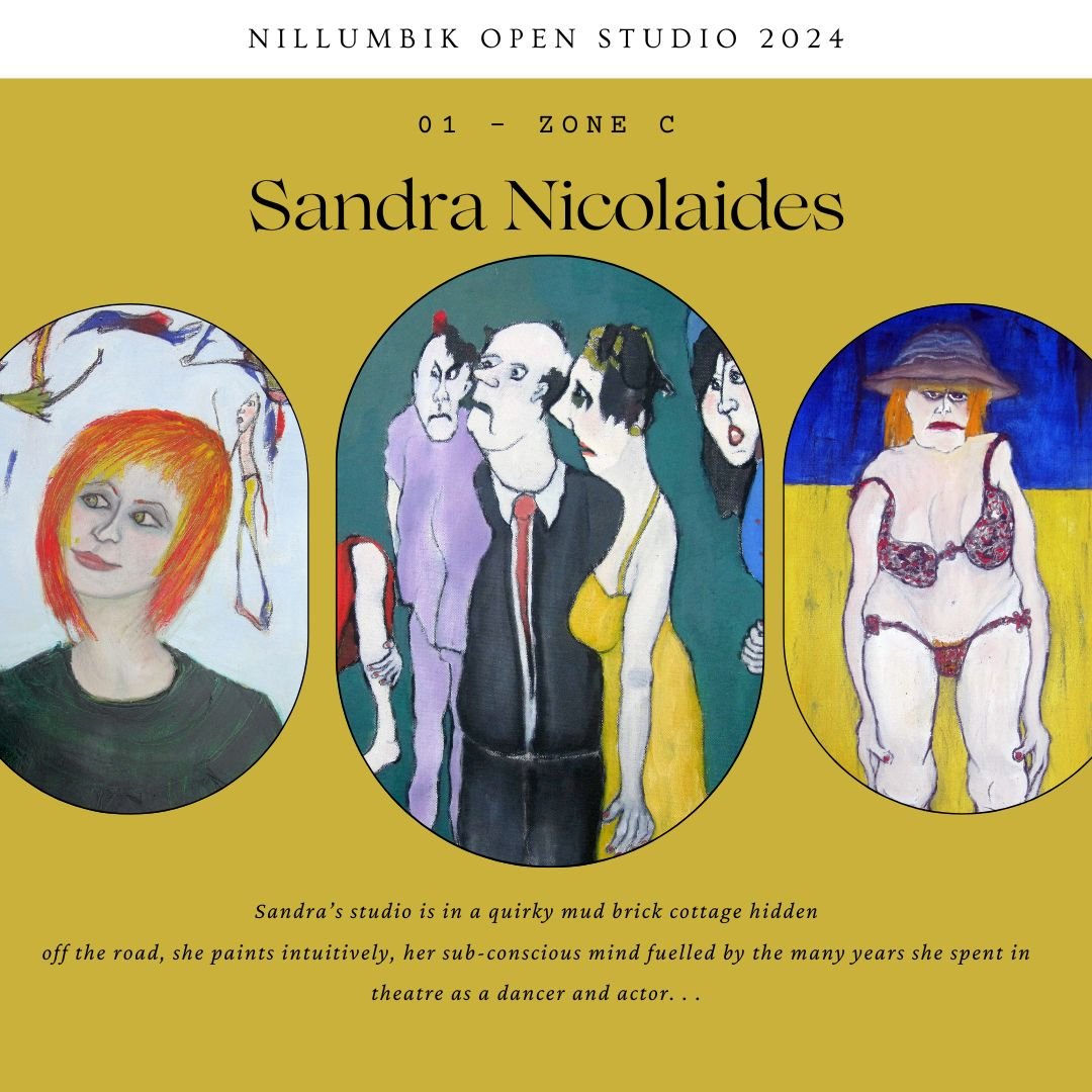 Sandra Nicolaides - 01 Zone C  Painting @sandi_greentree_artist 

Sandra's quirky oil paintings stem from her long career in the Performing Arts as a dancer and actor. The characters she creates in her paintings have a theatrical 'feel' about them - 