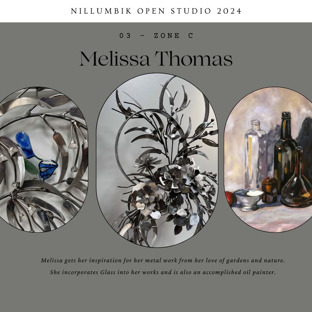 Melissa Thomas - 03 Zone C  @natural_inspira.tions Sculpture, painting, glass

Melissa is a multi talented artist working in metal, glass and paint.  Take a wonder through Melissa's exquisitely landscaped garden which incorporates her amazing metal a