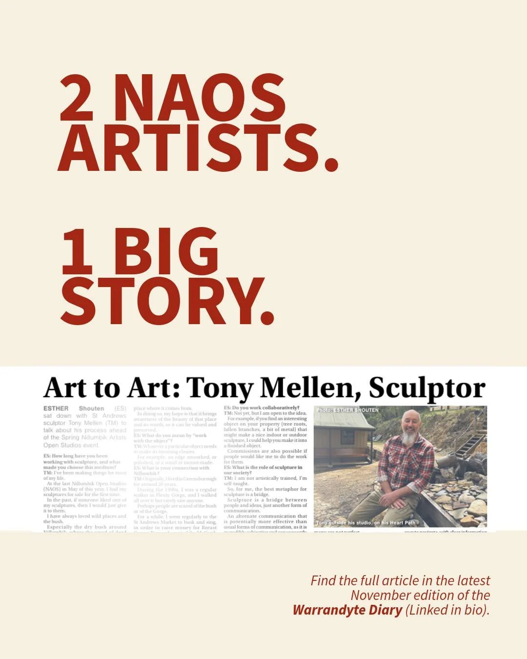 It's not often that your interviewer is someone you know, let alone a fellow NAOS Artist!

That was the special case for Sculptor, Tony Mellen @tony.mellen  as he sat down with fellow NAOS artist, Esther Shouten @esther_schouten_artist , and shared h