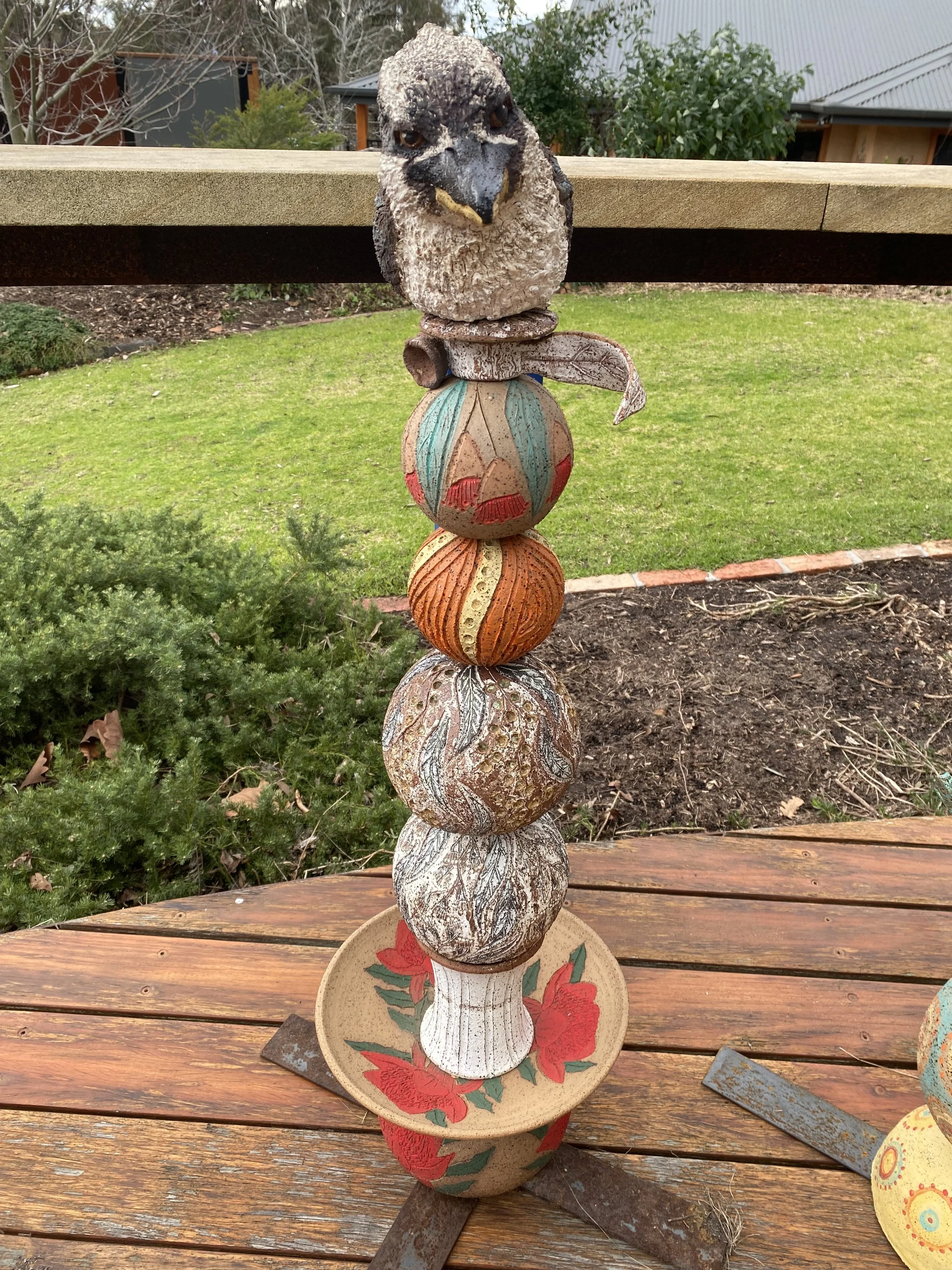 Kookaburra totem pole by Sharon Edwards