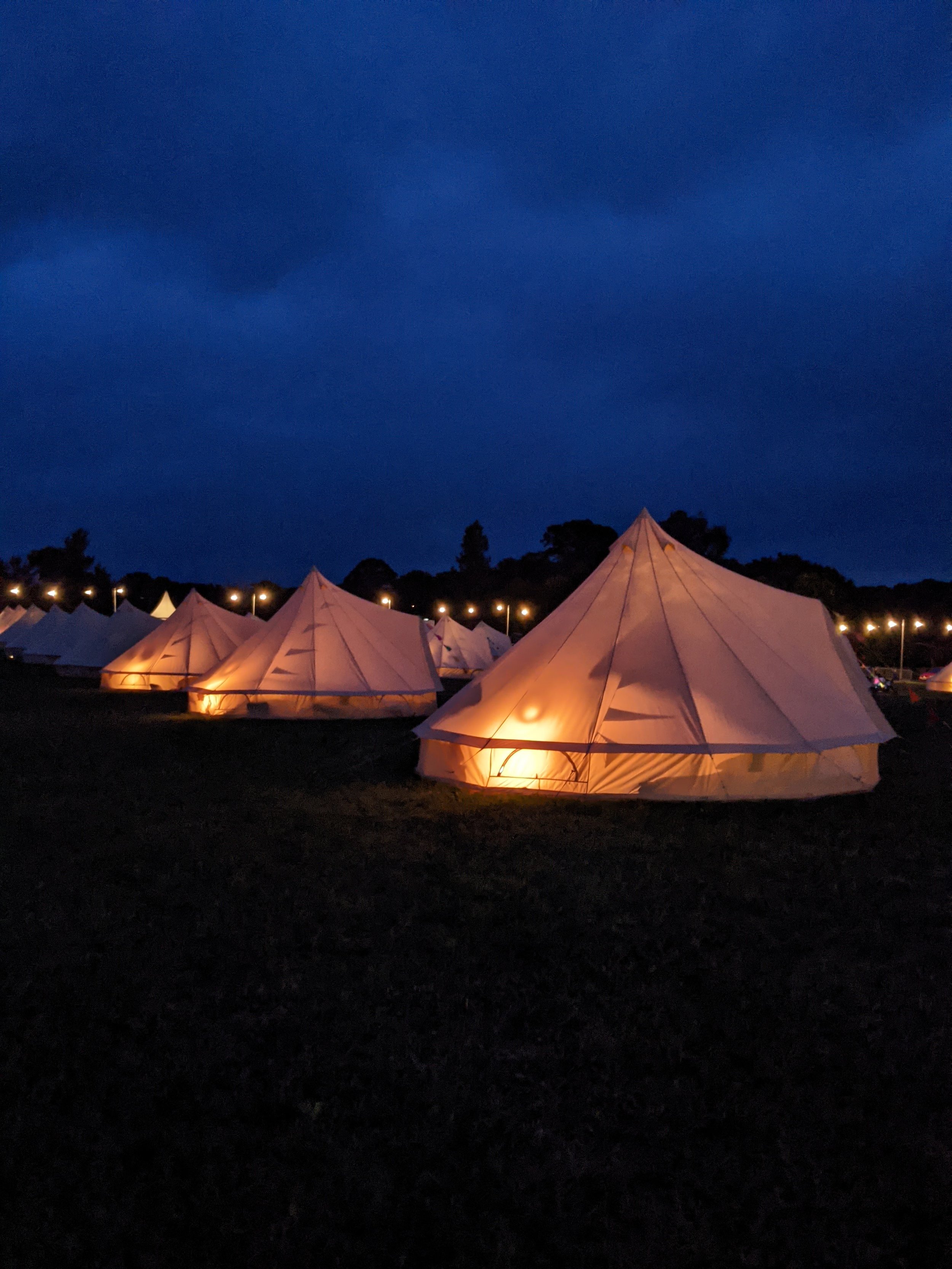 Bell tents at night