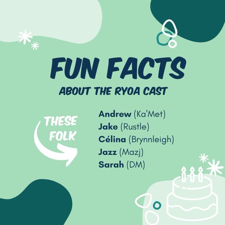 Want to learn something new about the mysterious enigmas of #ryoapod? Here are some fun facts about the Roll Your Own Adventure cast! 👀👀👀

Our birthday competition closes June 5th! Check our feed or highlights for the birthday post with entry and 