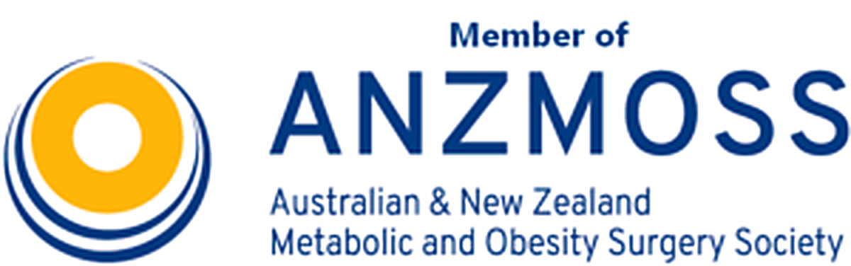 Logo of the Australian and New Zealand Metabolic and Obesity Surgery Society, featuring a yellow circle with concentric blue rings, and text indicating membership in ANZMOSS.