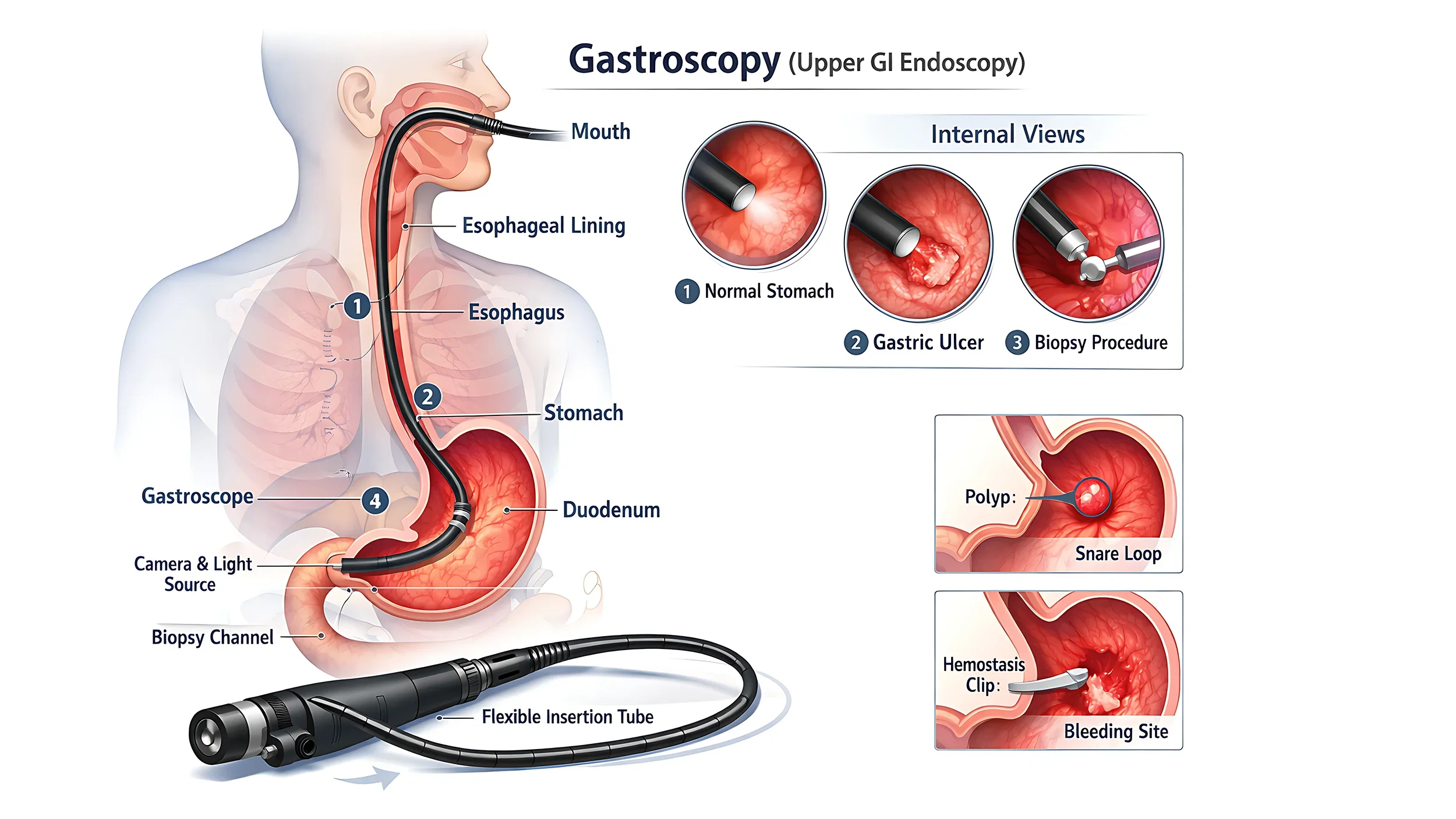 A detailed medical illustration demonstrating the procedure of gastroscopy, showing the insertion of a flexible tube through the mouth, esophagus, and into the stomach, with internal views of a normal stomach, gastric ulcer, and biopsy procedure, including possible issues like polyps, bleeding sites, and hemostasis clips.