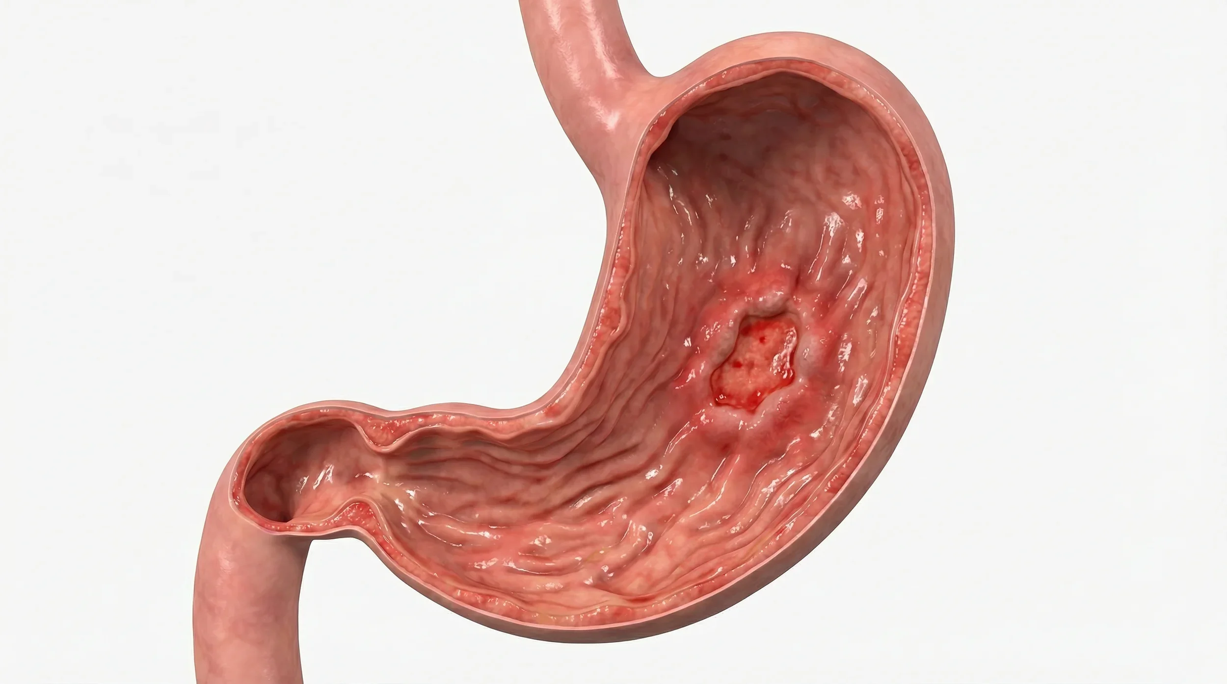 A detailed medical illustration of a human stomach with visible inner lining and a small ulcer or lesion.
