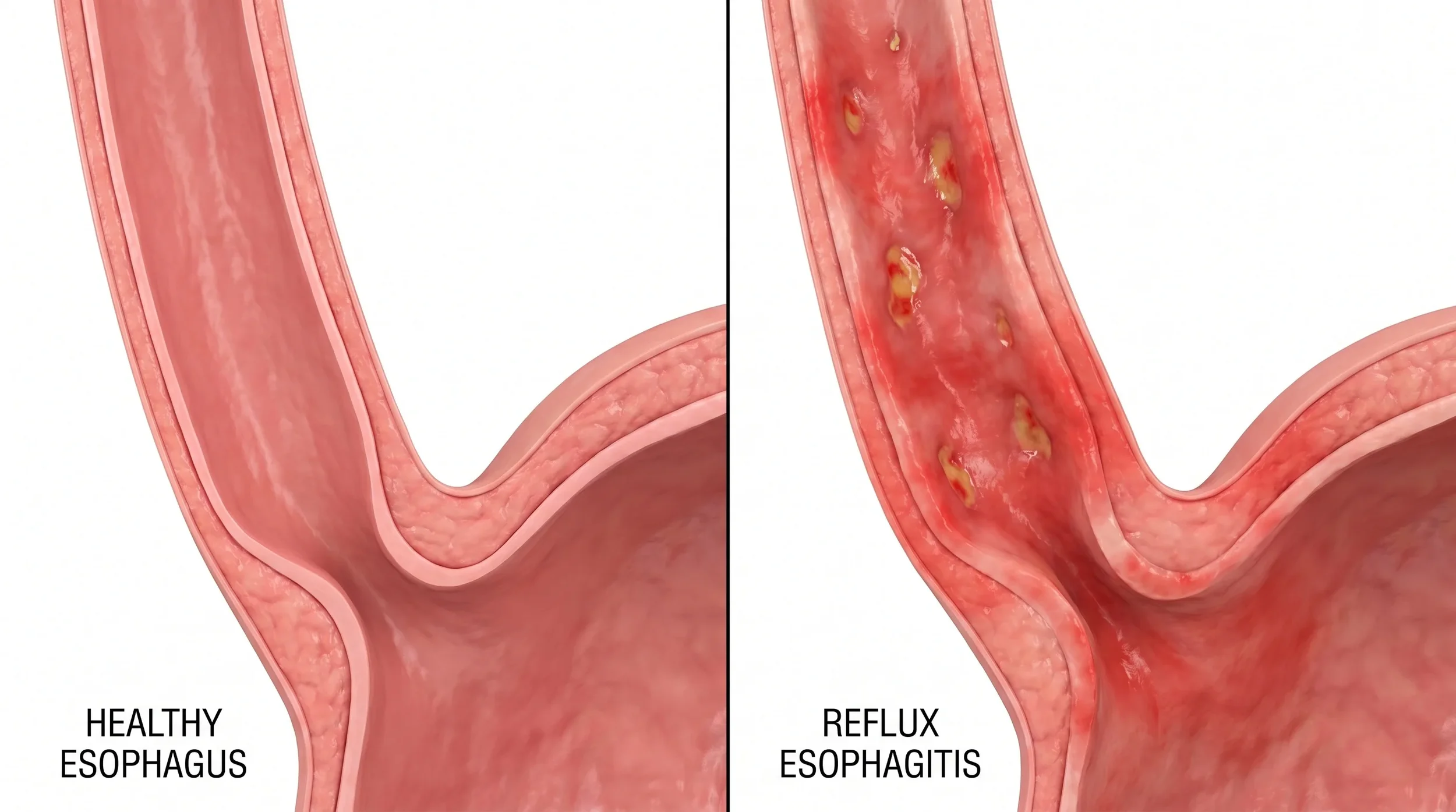 Comparison of the esophagus showing a healthy esophagus on the left and reflux esophagitis on the right, which has inflammation, redness, and yellow deposits.