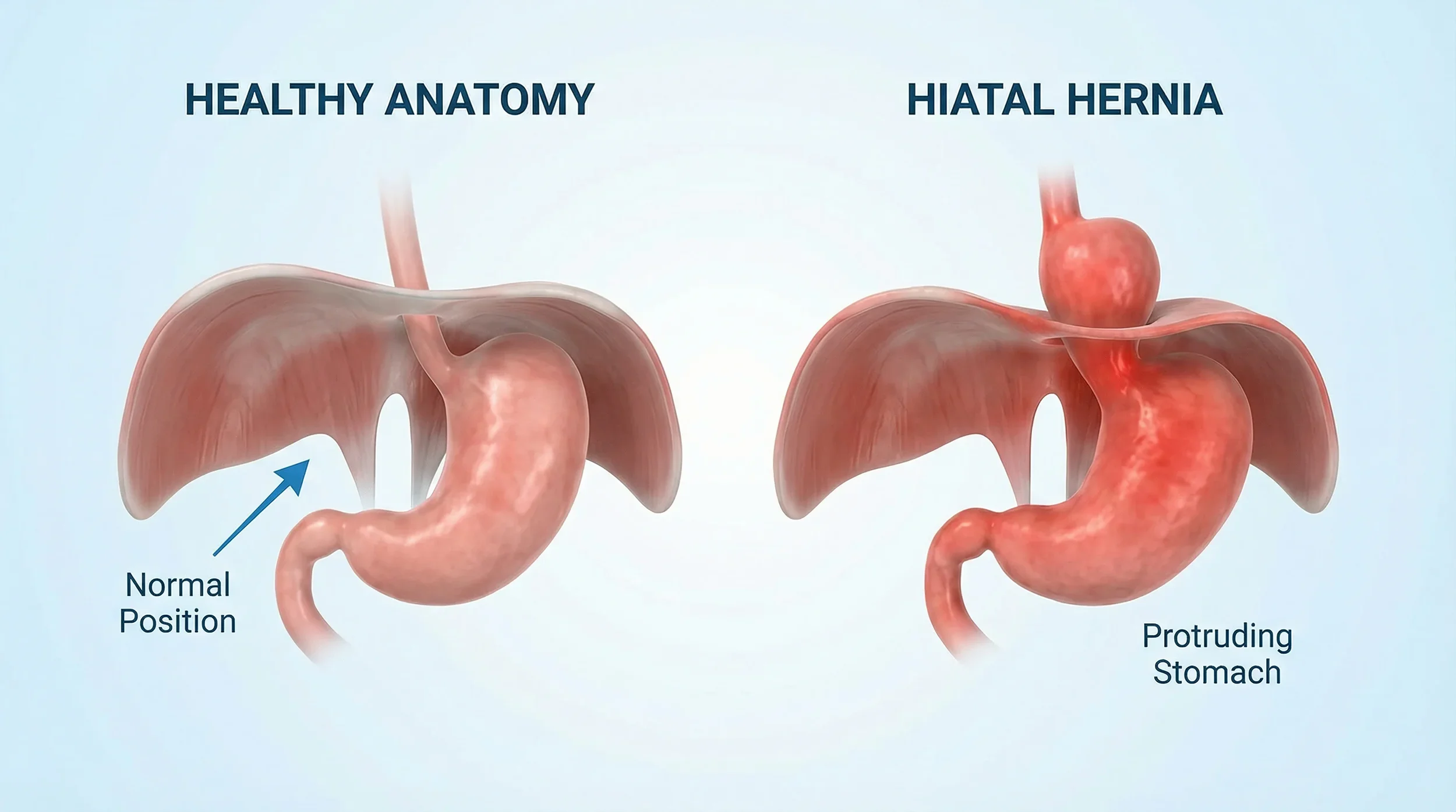 Comparison of healthy anatomy and hiatal hernia in the stomach. The healthy stomach is shown on the left with normal position, while the hernia on the right shows a protruding stomach through an opening in the diaphragm.