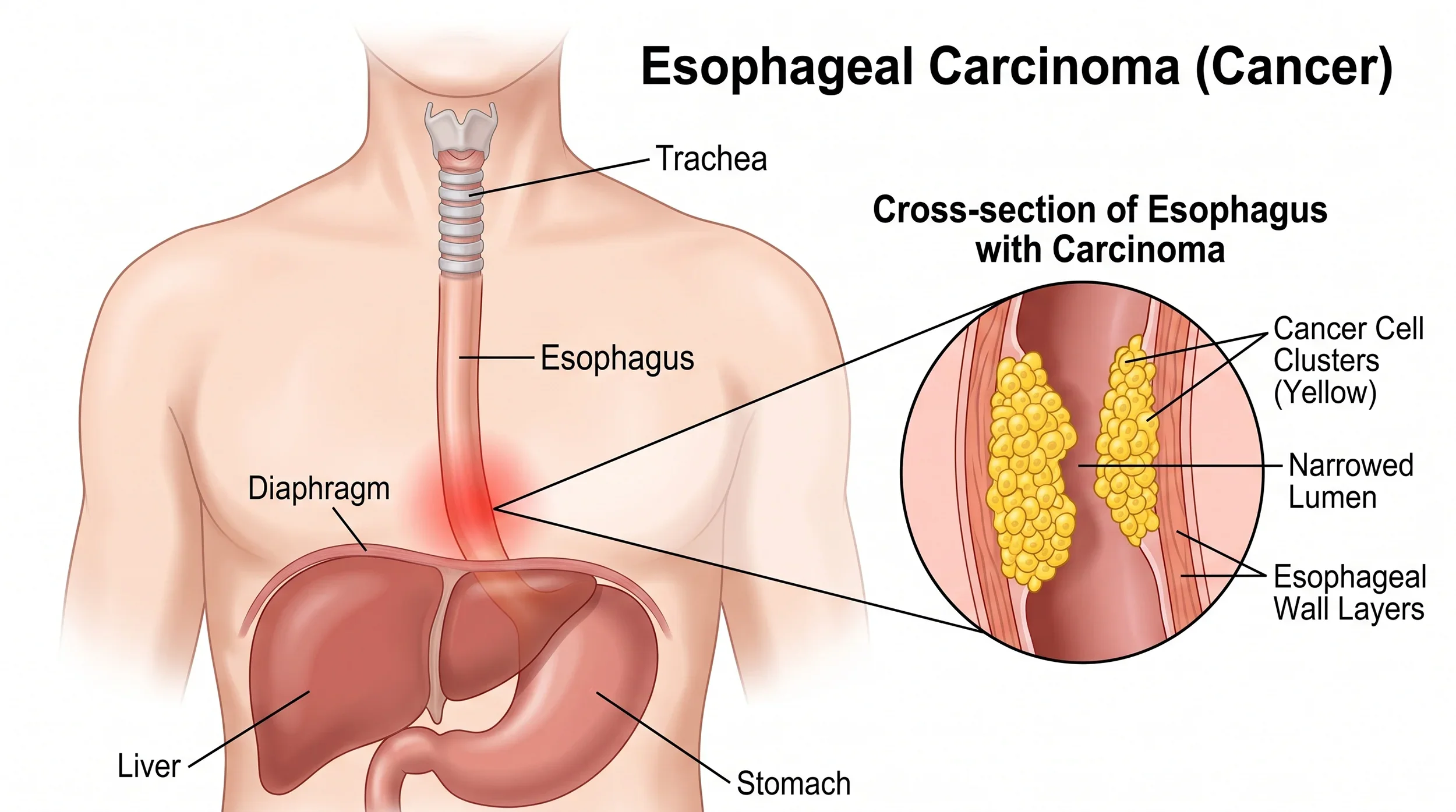 Diagram of esophageal carcinoma showing the trachea, esophagus, diaphragm, liver, stomach, and detailed cross-section of cancerous esophagus with yellow cancer cell clusters, narrow lumen, and esophageal wall layers.