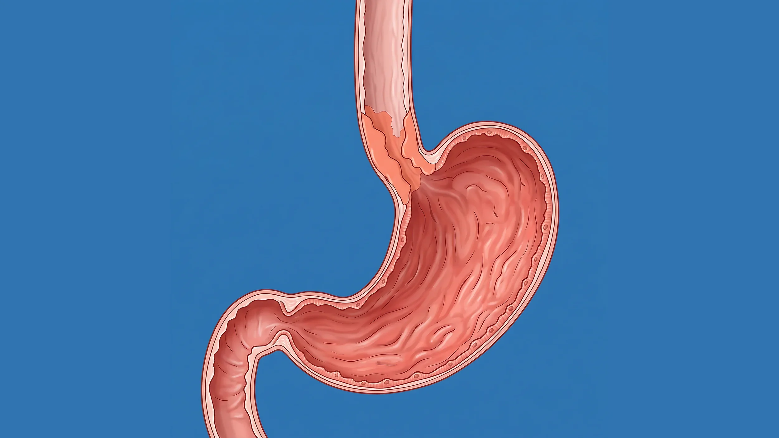 An anatomical illustration of a human stomach showing the internal structure and lining, with the esophagus connected at the top.