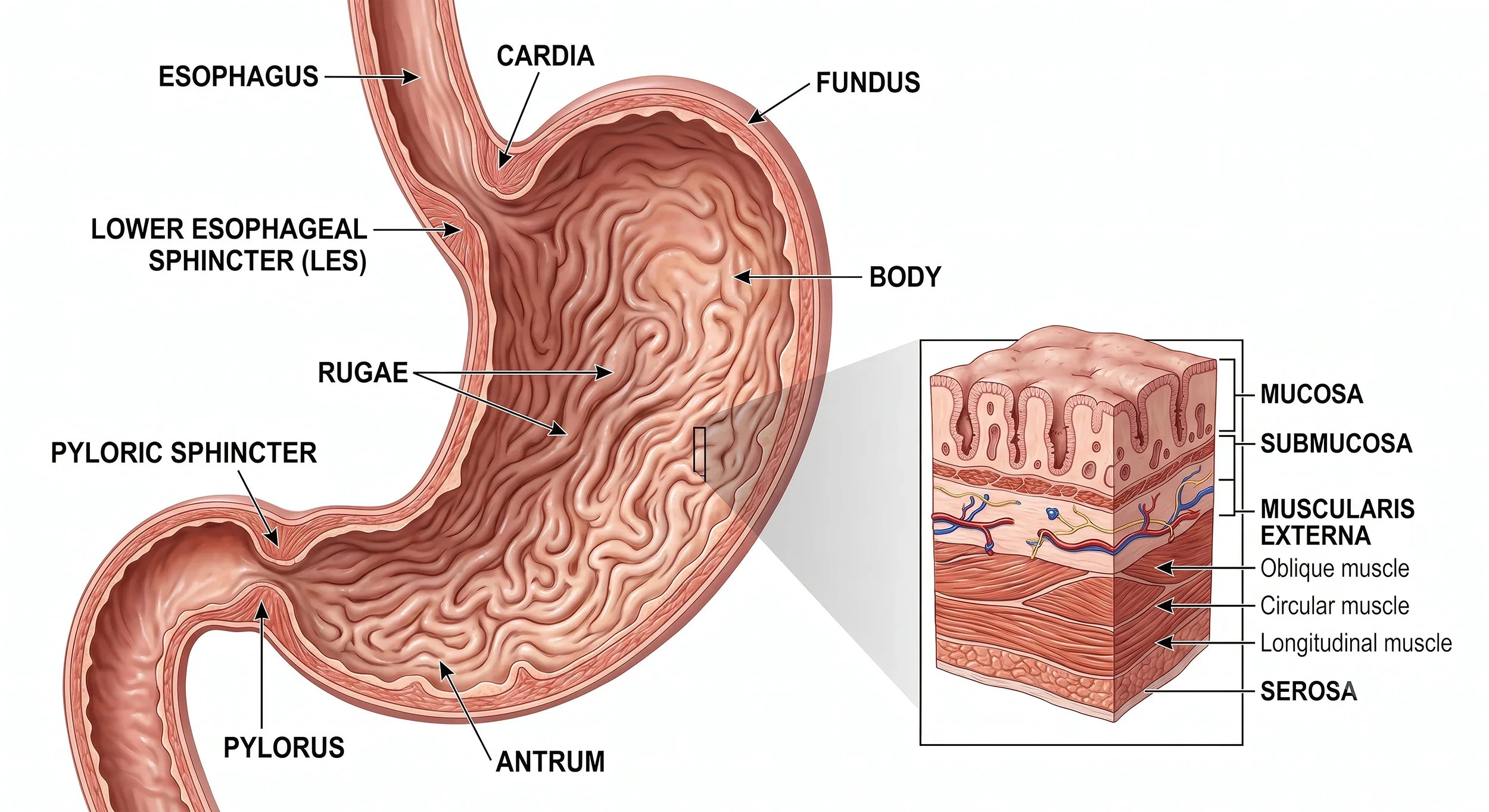 Diagram of the human stomach with labels for esophagus, cardia, fundus, body, antrum, pylorus, lower esophageal sphincter, and pyloric sphincter. Includes an inset showing stomach wall layers: mucosa, submucosa, muscularis externa, and serosa.