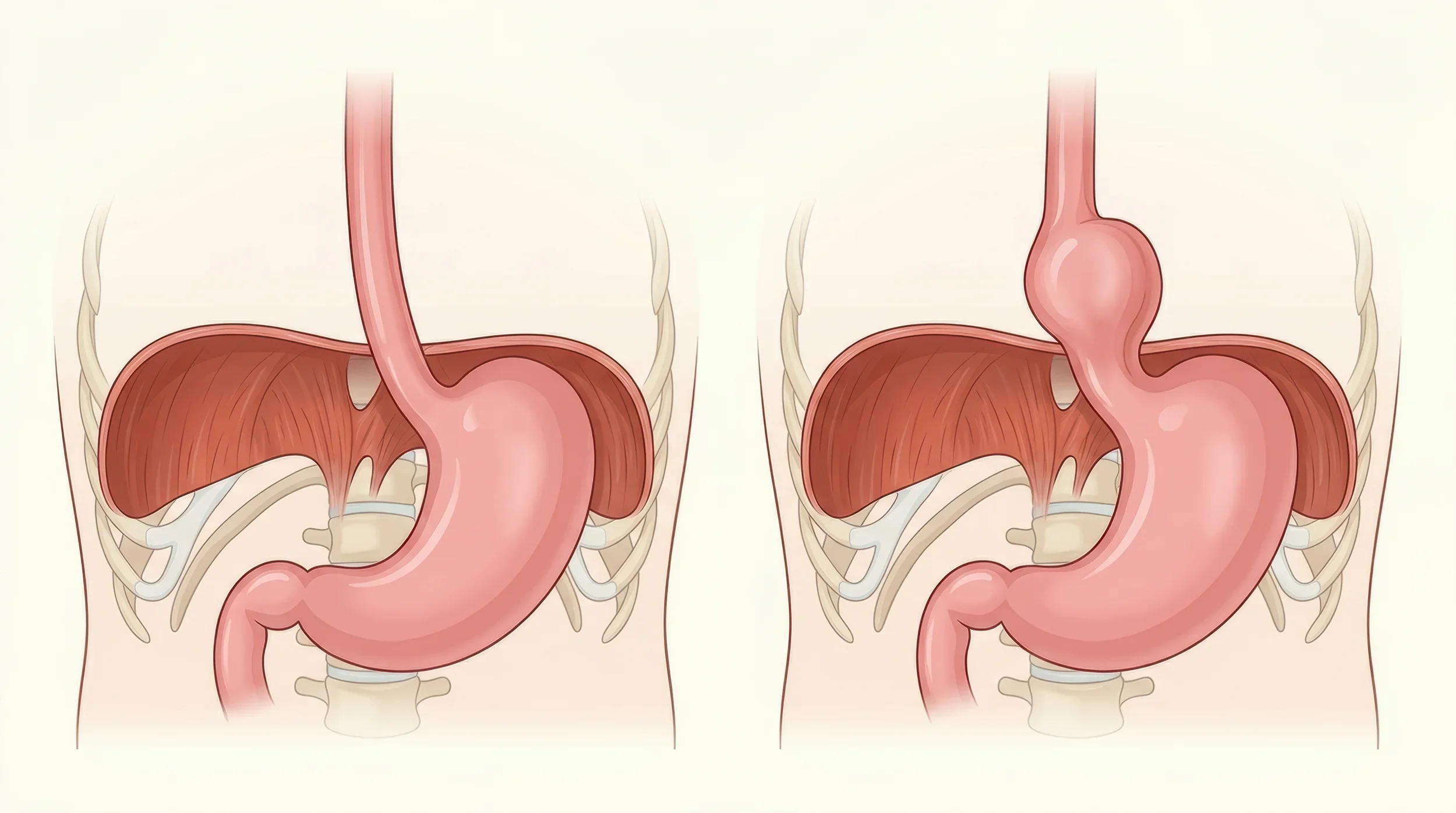 Diagram comparing two sections of the human stomach, one with a normal stomach and one with a gastric balloon
