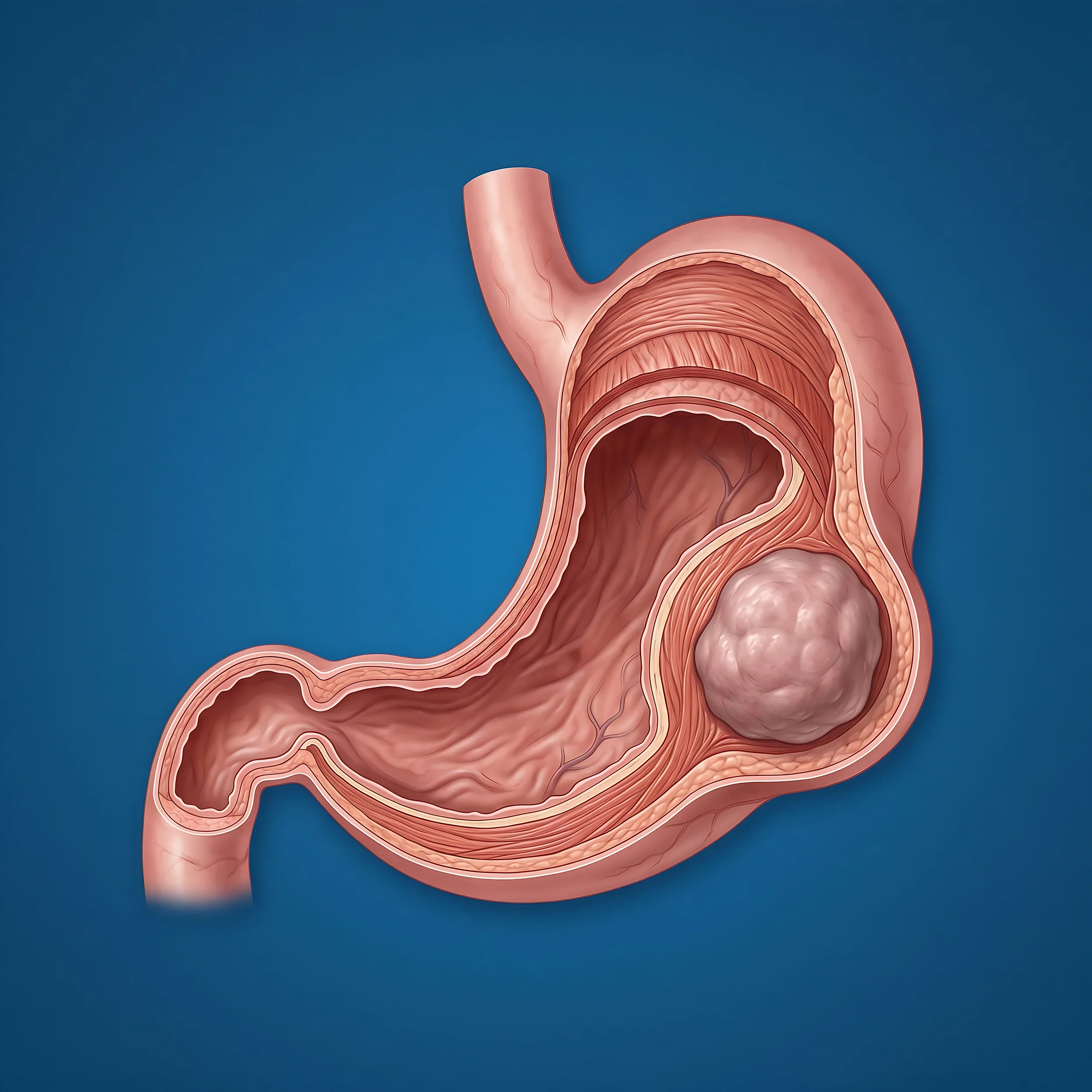 Cross-sectional illustration of the human digestive system showing the stomach, esophagus, and intestines against a blue background.