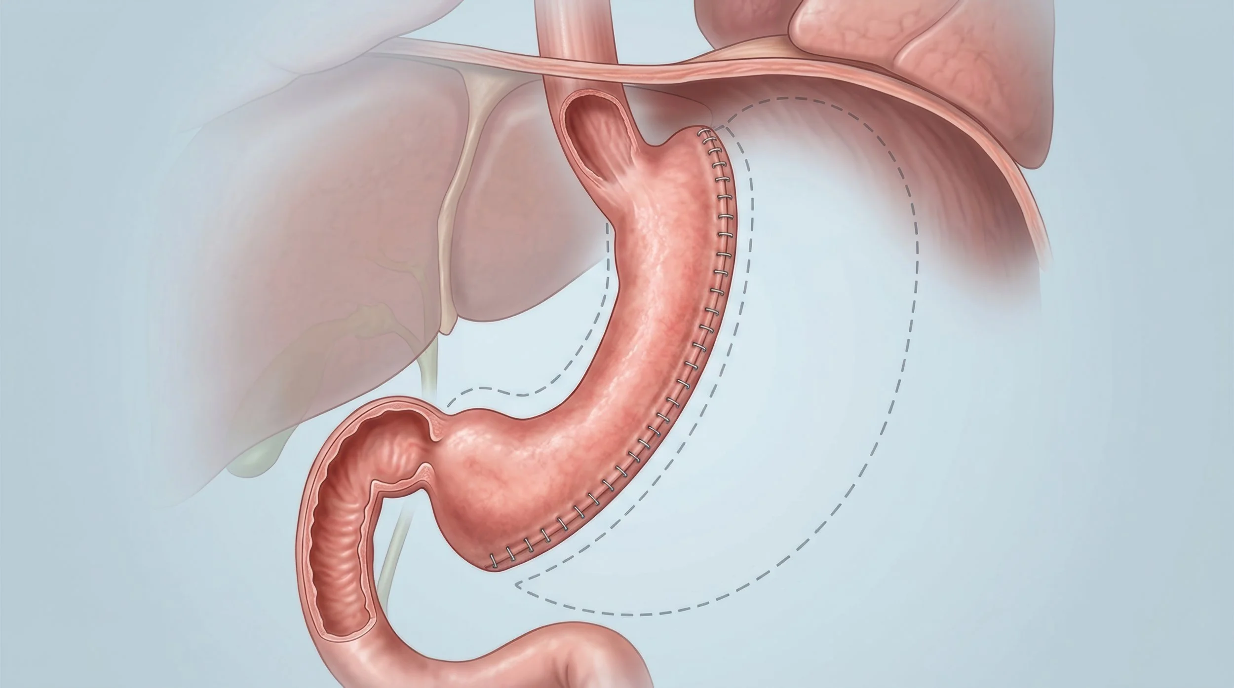Medical illustration of a stomach with a surgical staple line along the stomach's inner edge, showing a gastric sleeve procedure.
