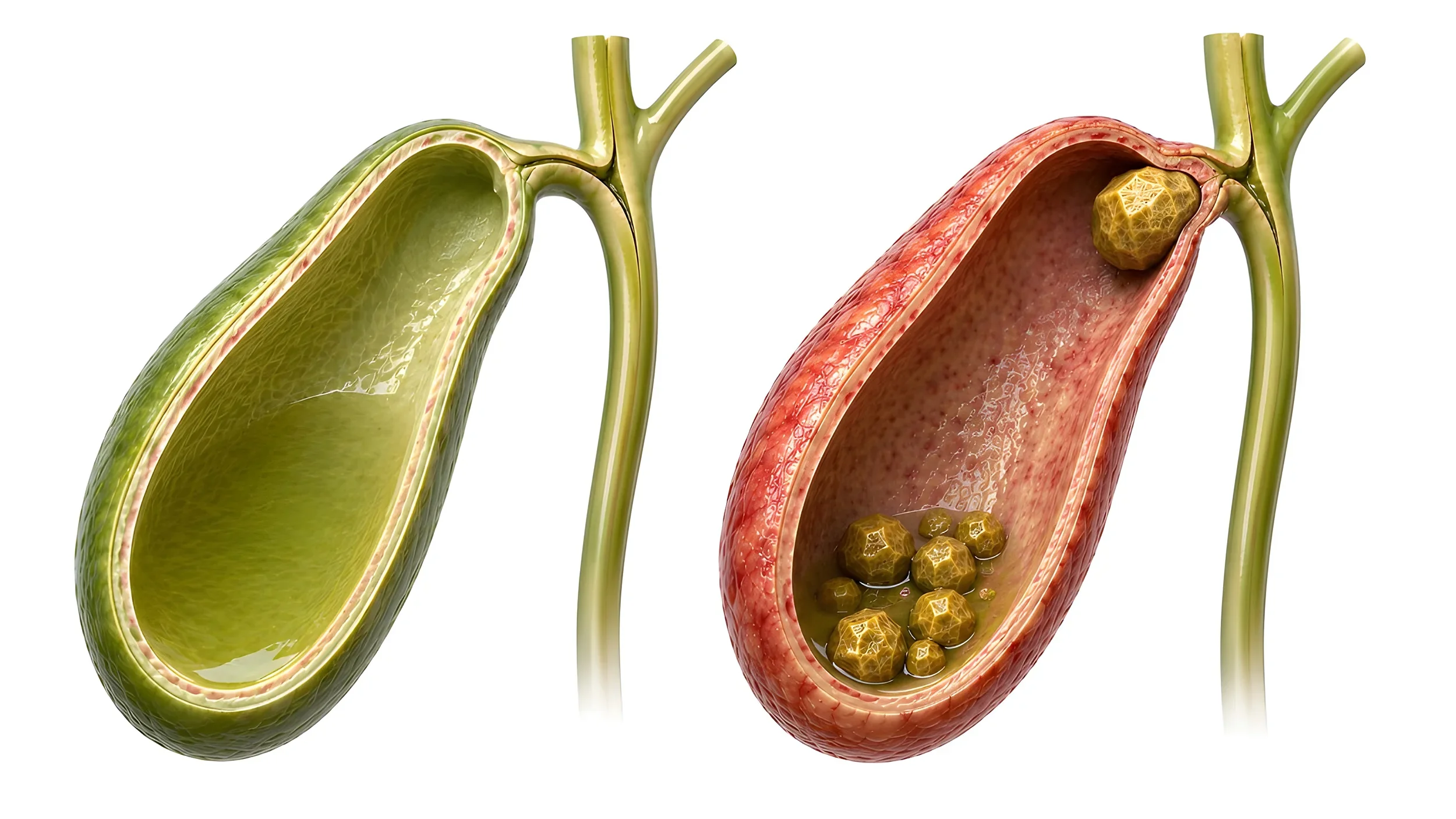 Medical illustration of two human gallbladders: one healthy with no stones, and one with multiple gallstones inside.