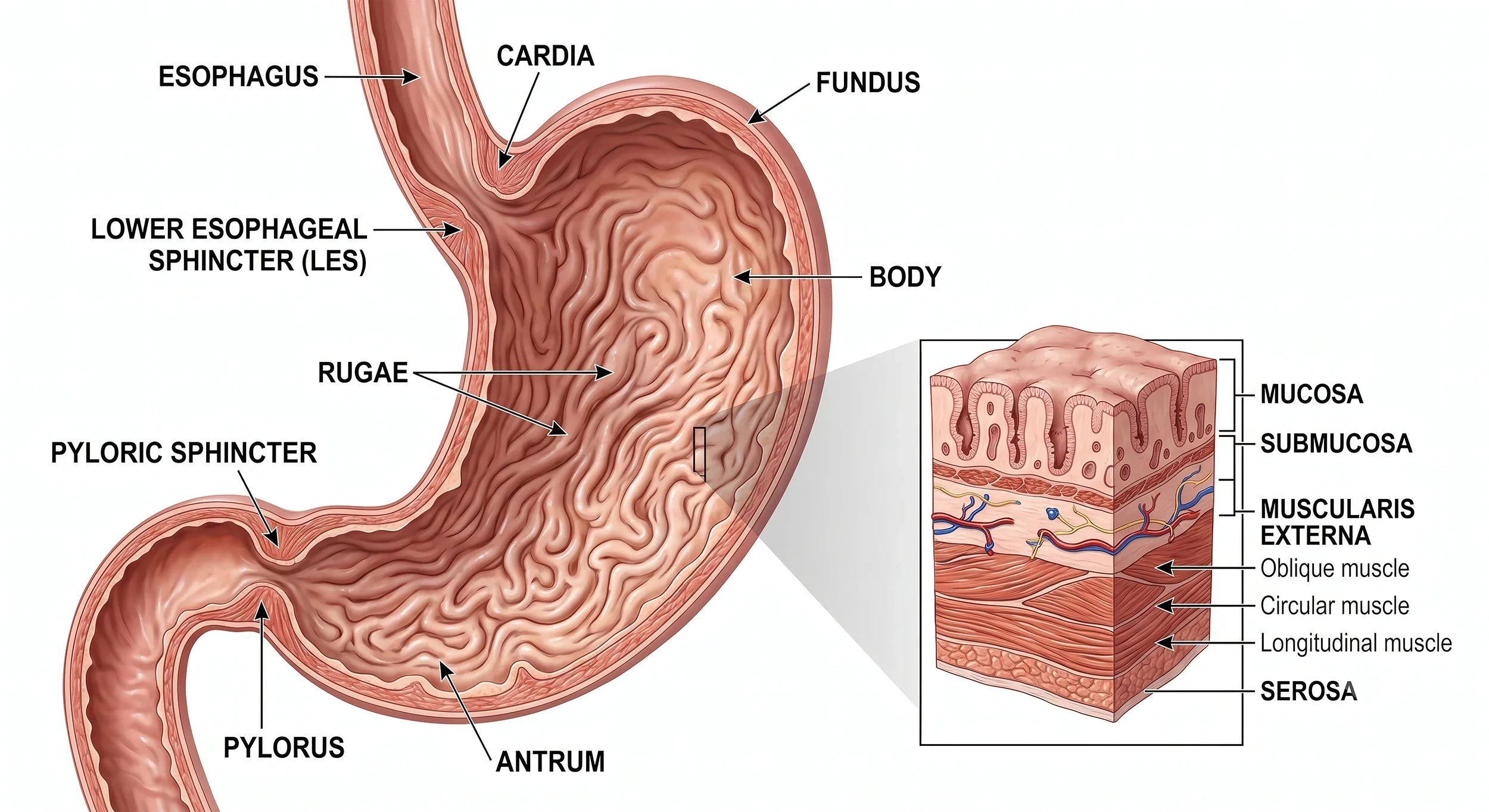 Diagram of the human stomach with labeled parts including esophagus, cardia, fundus, body, pylorus, pyloric sphincter, antrum, and lesser curvature, along with a detailed inset showing the stomach wall layers: mucosa, submucosa, muscularis externa, and serosa.