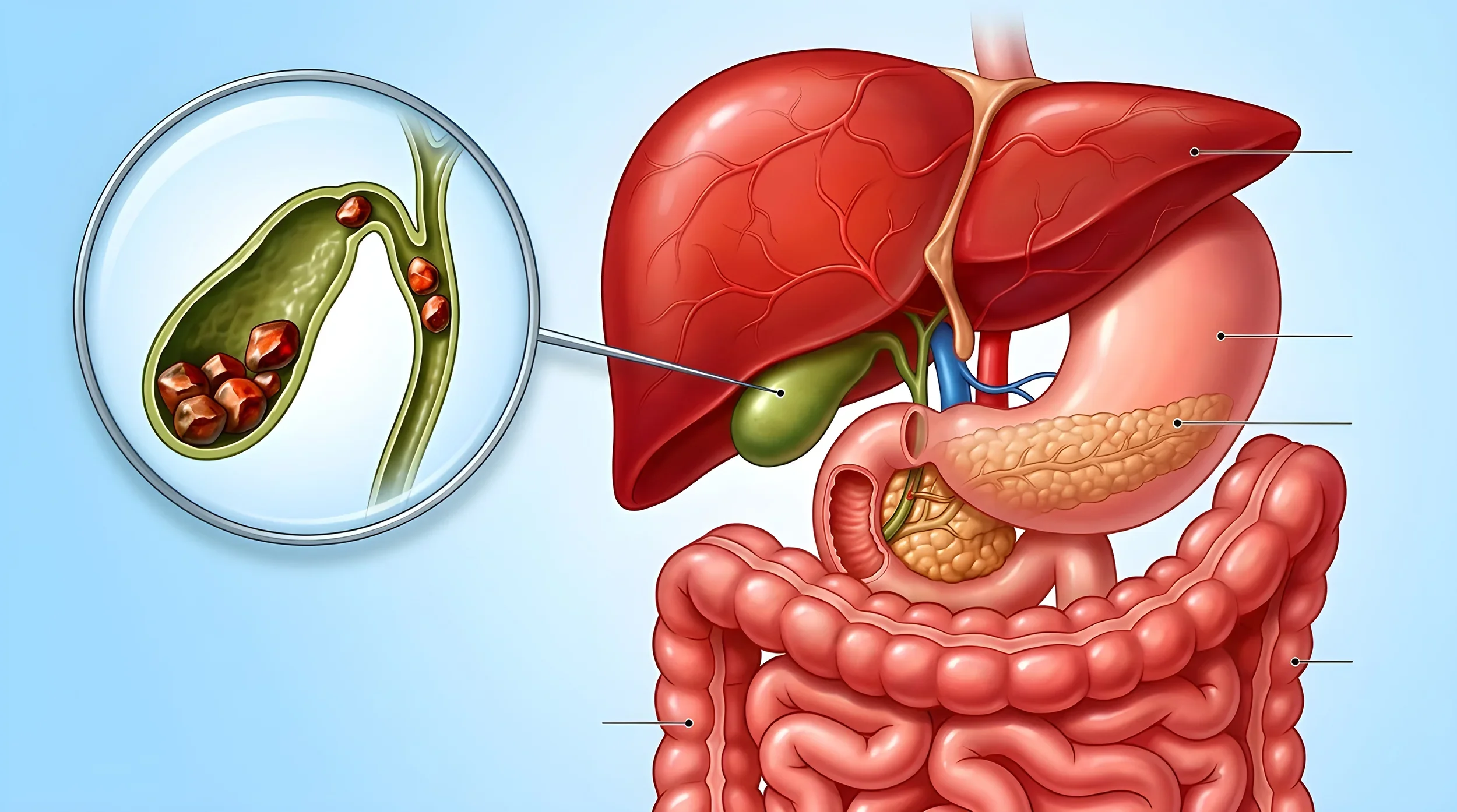 Diagram of human digestive system highlighting the liver, gallbladder, stomach, pancreas, and intestines.