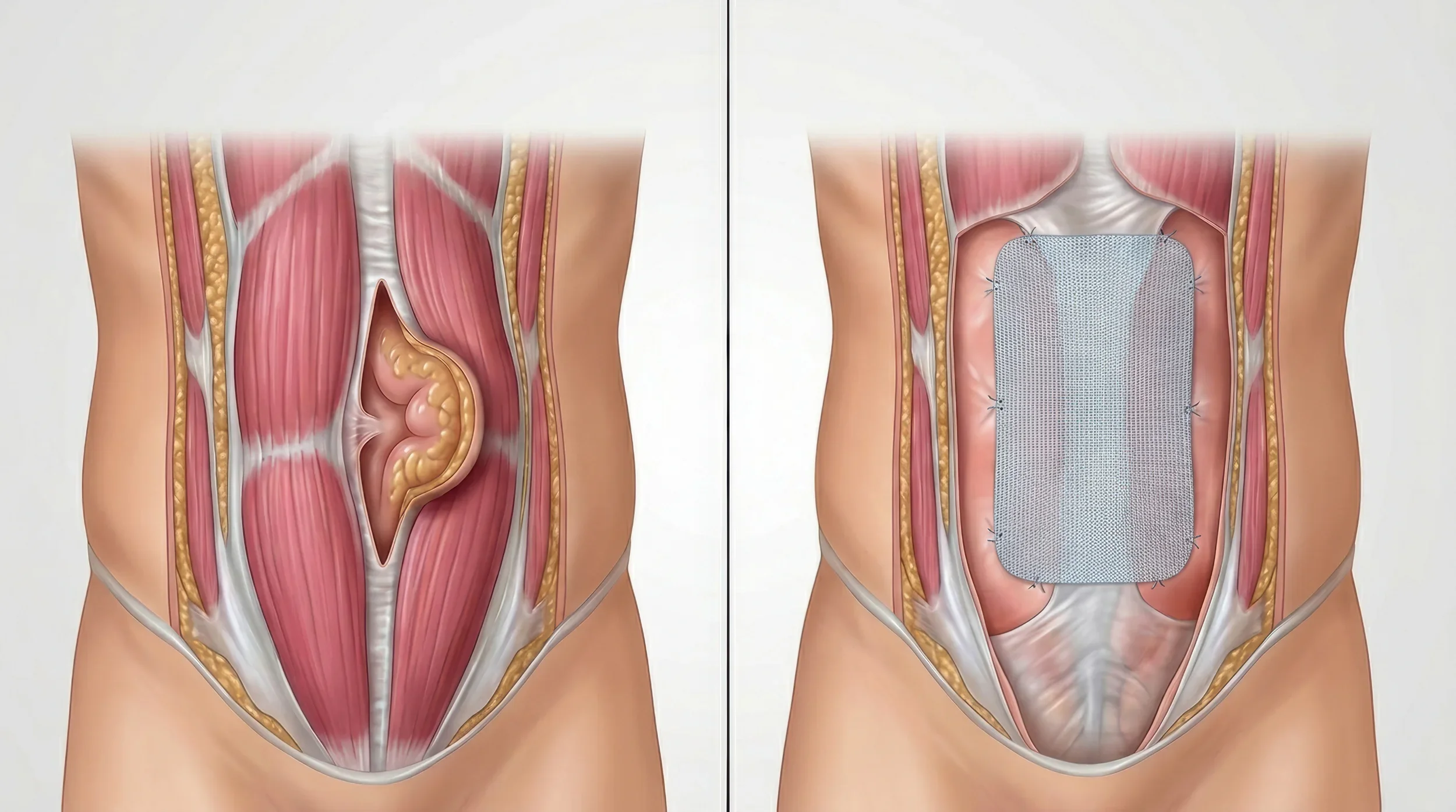 Medical illustration of the female pelvic area showing a surgical procedure with a mesh implant on the right side, illustrating the before and after state.