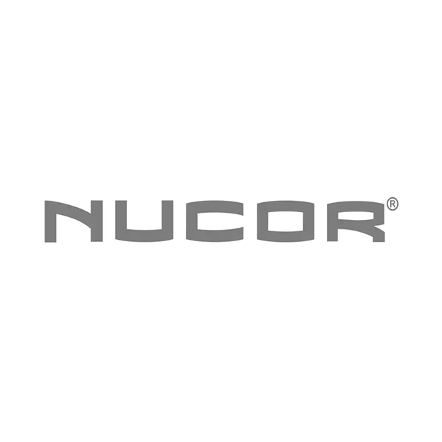 The word 'NUCOR' in gray stylized text on a white background.