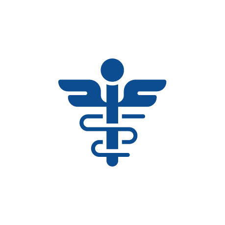 Blue medical caduceus symbol with wings and a staff, on a black background.